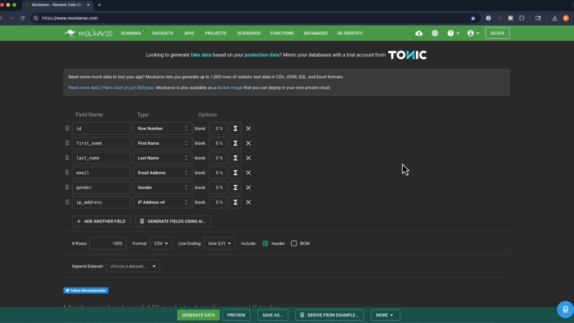 A screenshot of the Mockaroo web interface showing a mock data schema with fields like id, first_name, last_name, email, gender, and ip_address. The page includes options to generate, preview, and export the dataset (CSV format) and other schema settings.