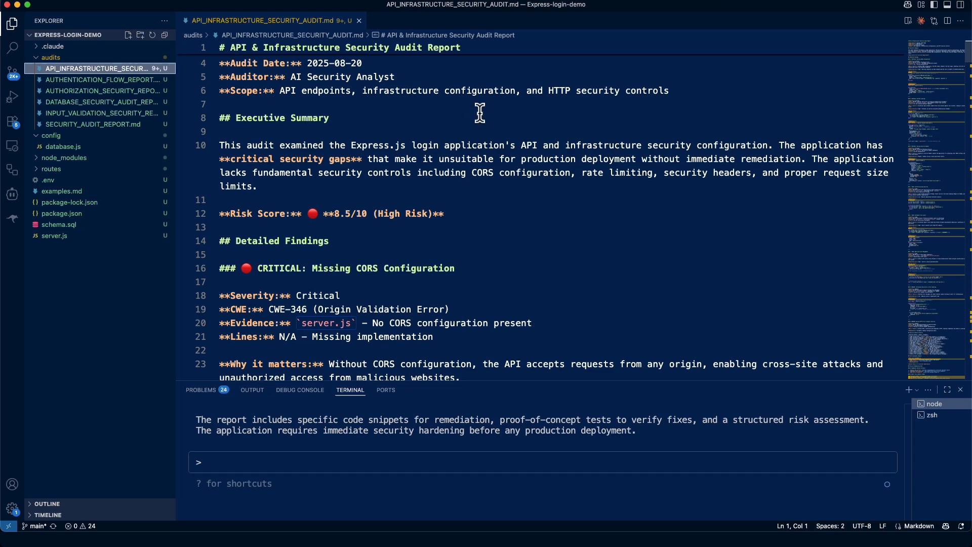 A screenshot of a code editor (Visual Studio Code) displaying a Markdown "API & Infrastructure Security Audit Report" for an Express.js login app, showing an executive summary, risk score, and detailed findings (e.g., missing CORS configuration). The left sidebar shows project files and folders for the app.