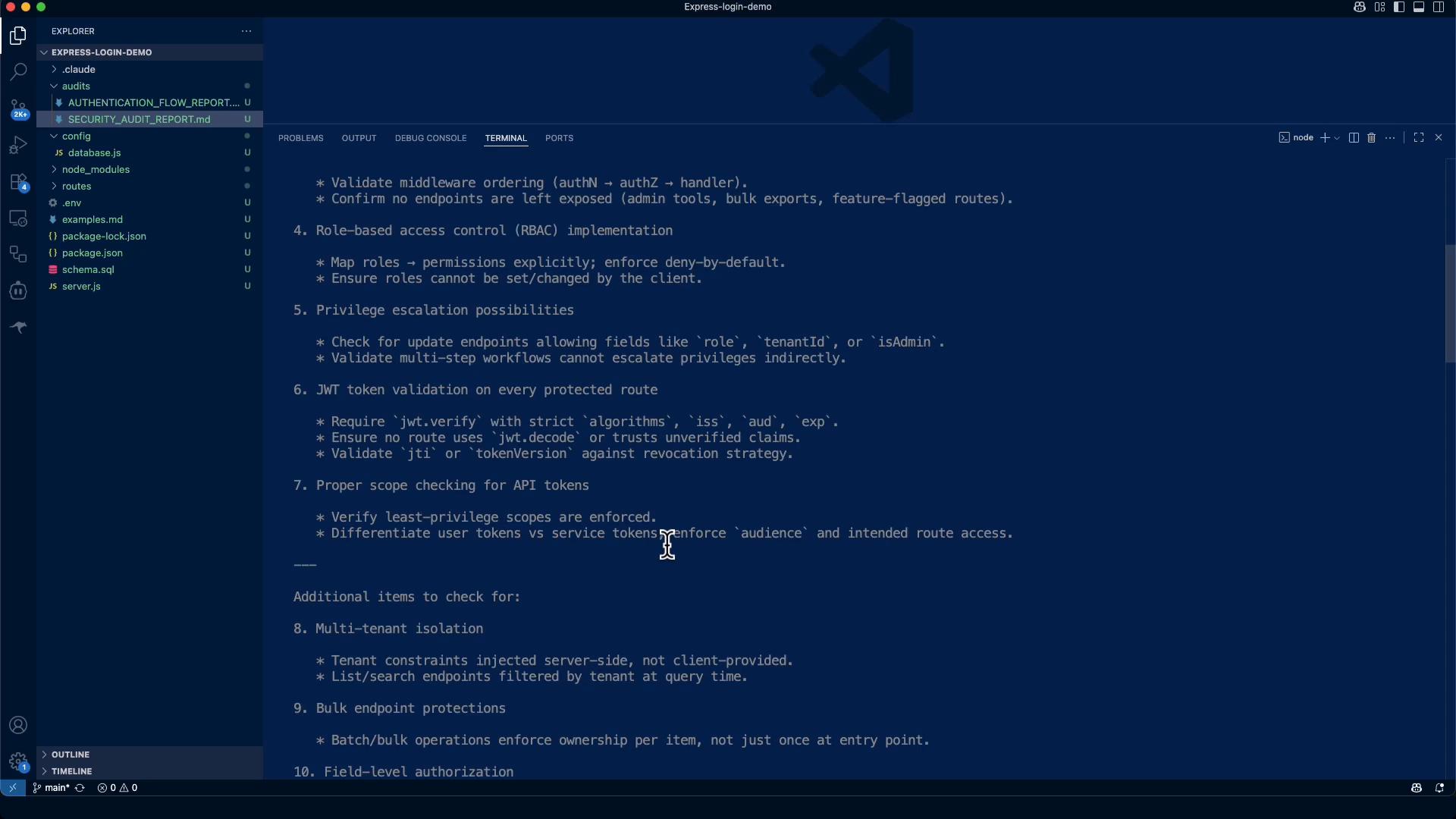 A dark-themed code editor (Visual Studio Code) with a file explorer on the left. The main pane displays a security-audit checklist covering role-based access control, JWT validation, privilege escalation checks, and API token scopes.