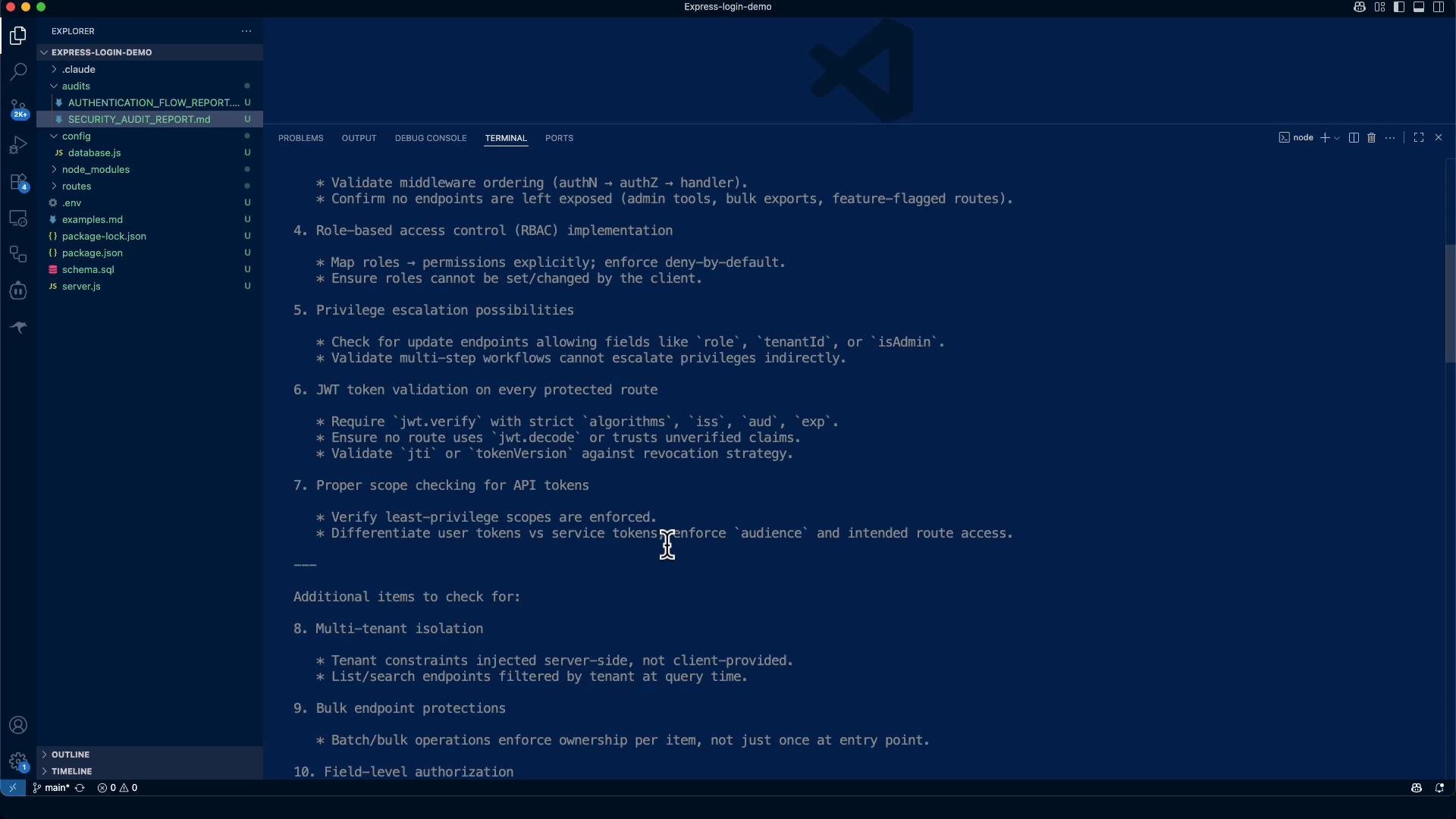 A dark-themed code editor (Visual Studio Code) with a file explorer on the left. The main pane displays a security-audit checklist covering role-based access control, JWT validation, privilege escalation checks, and API token scopes.