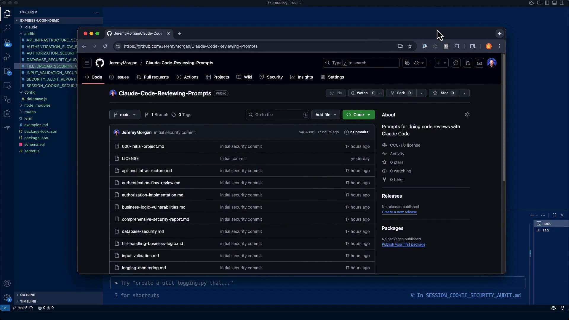 A dark-themed desktop screenshot showing a browser window open to a GitHub repository called "Claude-Code-Reviewing-Prompts." The browser sits over a code editor/IDE with a project file tree visible on the left.