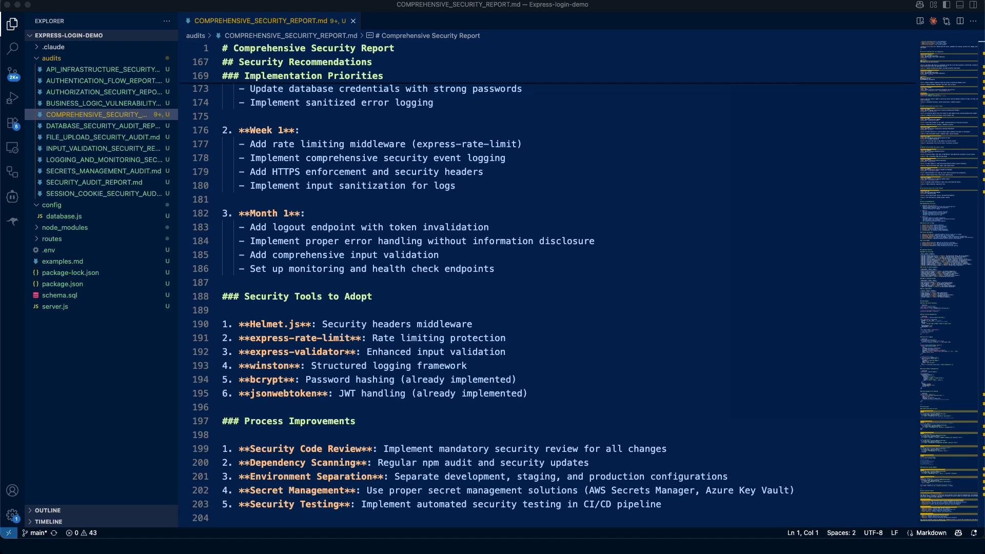A screenshot of a code editor (Visual Studio Code) open to a "Comprehensive Security Report" Markdown file listing security recommendations, implementation priorities, and tools. The left sidebar shows a project file explorer with audit and config files.