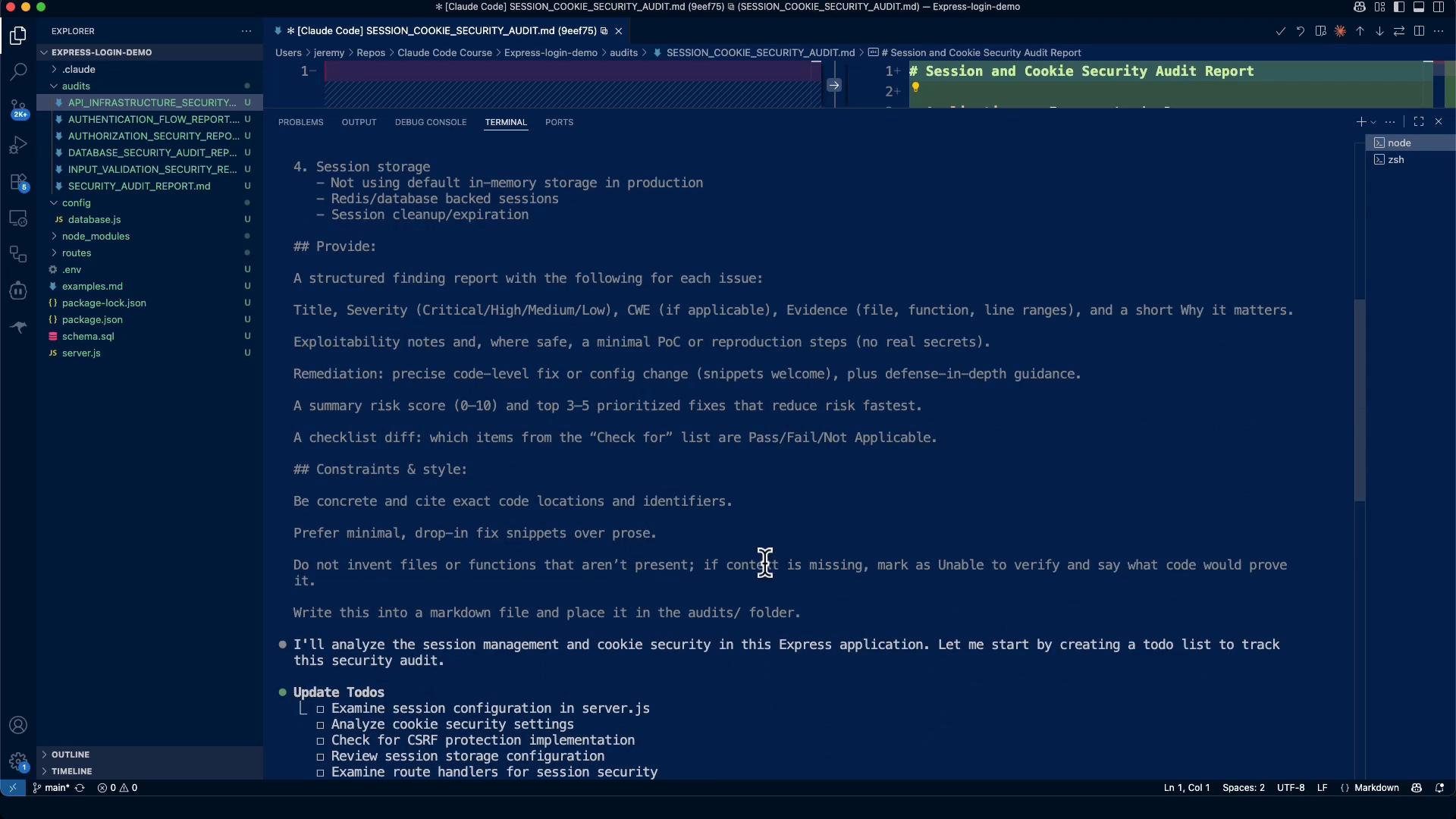 A screenshot of a code editor (VS Code) open to a markdown file titled “Session and Cookie Security Audit Report,” containing audit notes and a todo checklist. The project file explorer and side panels are visible on a dark blue themed interface.