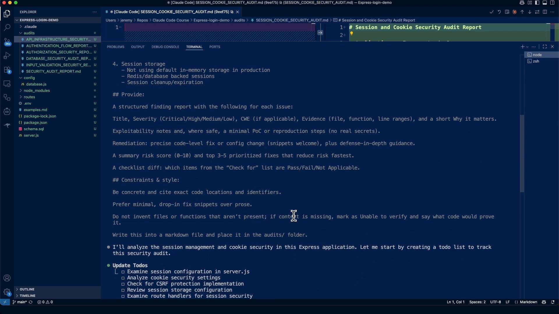 A screenshot of a code editor (VS Code) open to a markdown file titled “Session and Cookie Security Audit Report,” containing audit notes and a todo checklist. The project file explorer and side panels are visible on a dark blue themed interface.