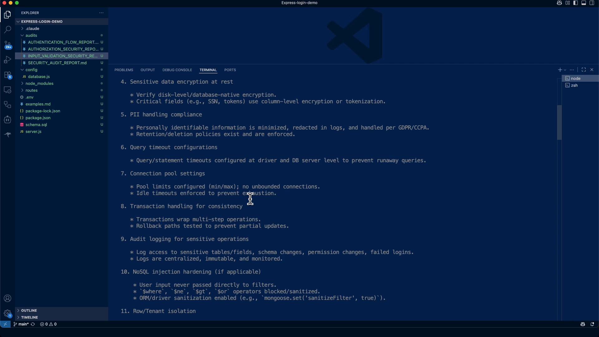 A screenshot of Visual Studio Code with a project explorer on the left and a dark-themed editor showing a numbered security checklist (items like sensitive data encryption, PII handling, query timeouts, and connection pool settings). The workspace appears to be an "express-login-demo" project with files like database.js and server.js visible.