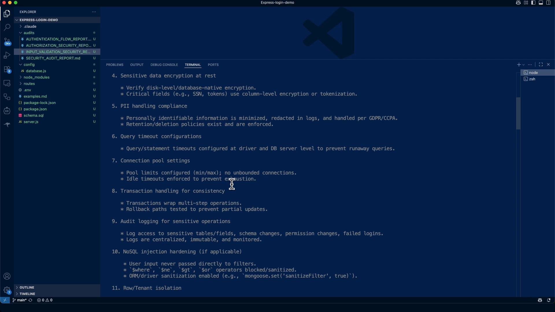 A screenshot of Visual Studio Code with a project explorer on the left and a dark-themed editor showing a numbered security checklist (items like sensitive data encryption, PII handling, query timeouts, and connection pool settings). The workspace appears to be an "express-login-demo" project with files like database.js and server.js visible.