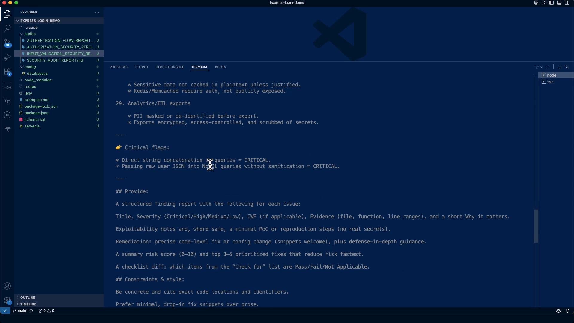 A screenshot of Visual Studio Code with a dark theme, showing a project explorer on the left and an open editor/terminal pane containing a security/audit checklist about sensitive data, analytics exports, and critical flags. The file tree shows project files like package.json, server.js, and schema.sql.