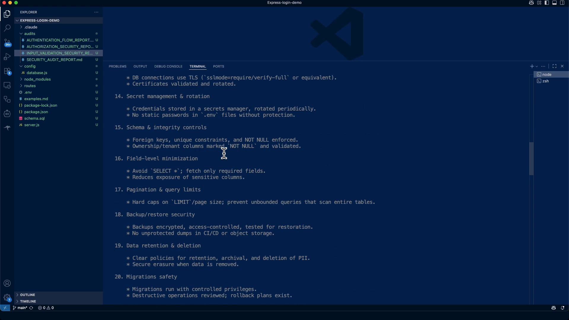 A screenshot of Visual Studio Code showing a project explorer on the left and a document open in the main pane. The open file contains a numbered security checklist with items like secret management & rotation, schema & integrity controls, field‑level minimization, pagination limits, and backup/restore security.