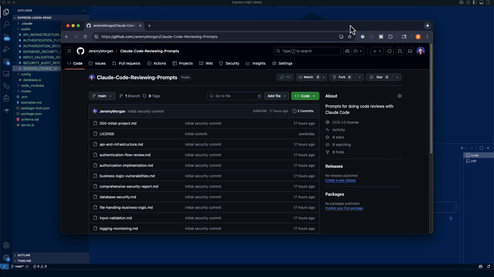 A dark-themed desktop with a browser window open to a GitHub repository showing a list of markdown files for code-review prompts. A code editor's file explorer and project files are visible in the background.