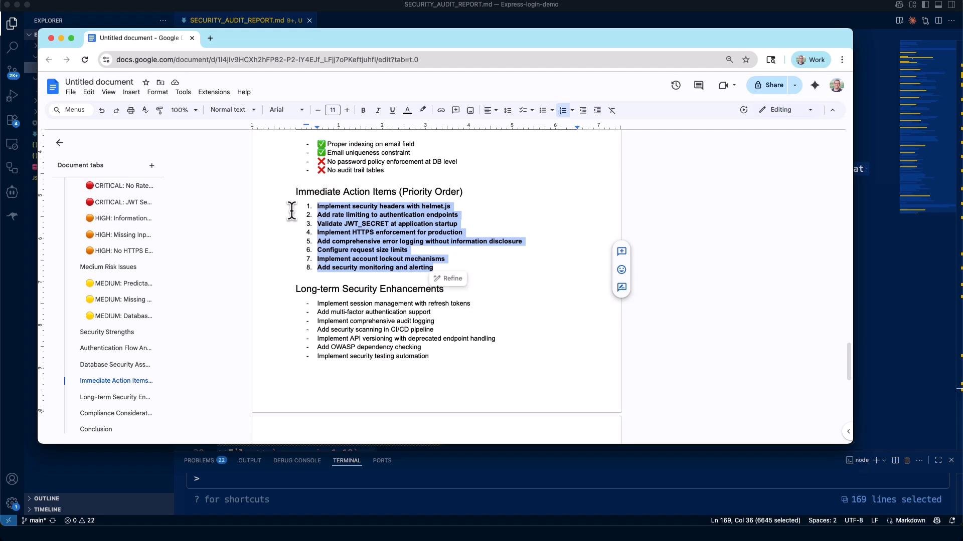 A screenshot of a Google Docs document showing a security audit report with a highlighted "Immediate Action Items" numbered list and a "Long-term Security Enhancements" section. The doc's left sidebar lists risk categories, and the window is over a code editor/IDE in the background.