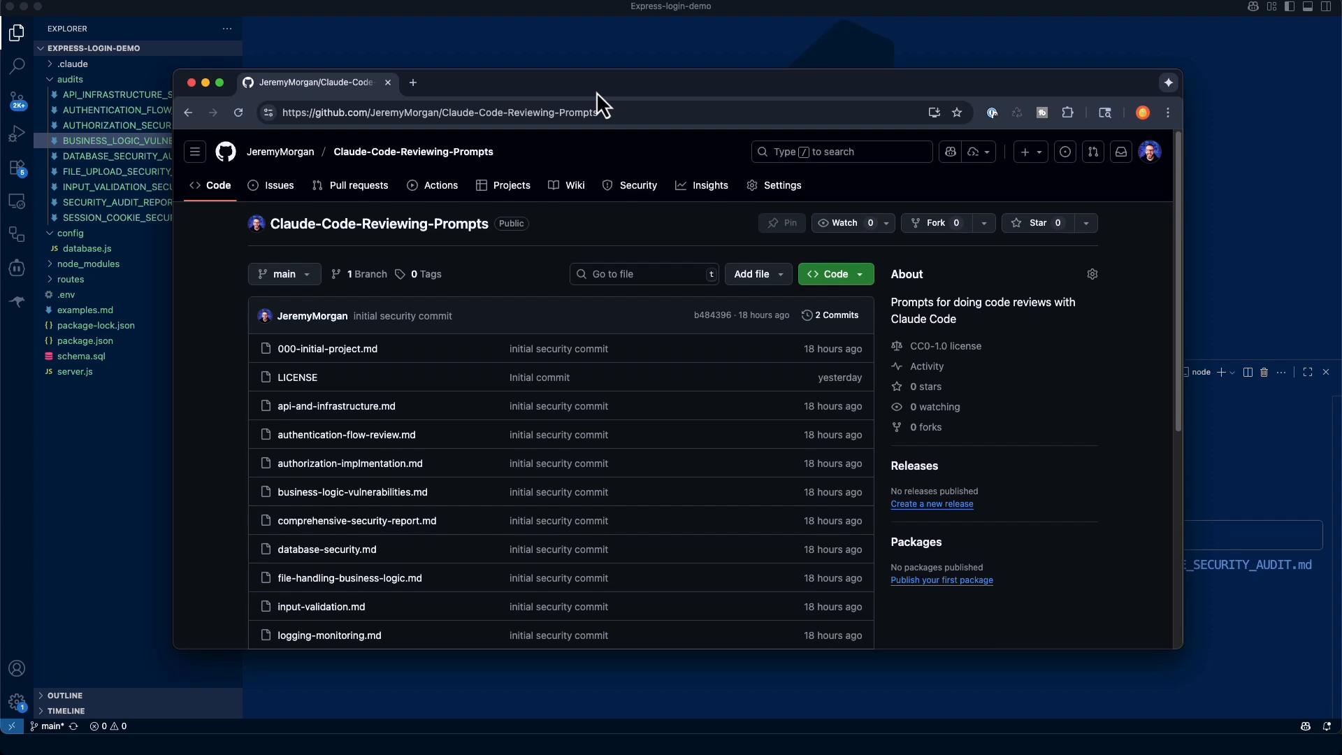 A screenshot showing a dark‑mode GitHub repository page titled "Claude‑Code‑Reviewing‑Prompts" with a list of files and repo details. The browser window sits over a code editor/IDE in the background showing a project file tree.