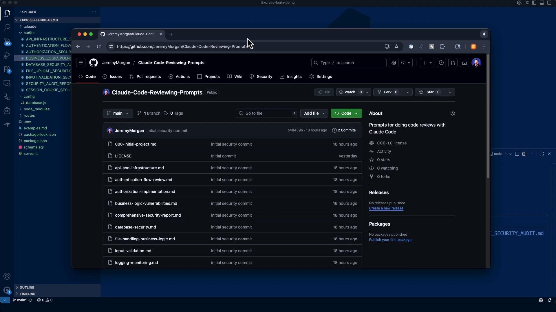 A screenshot showing a dark‑mode GitHub repository page titled "Claude‑Code‑Reviewing‑Prompts" with a list of files and repo details. The browser window sits over a code editor/IDE in the background showing a project file tree.