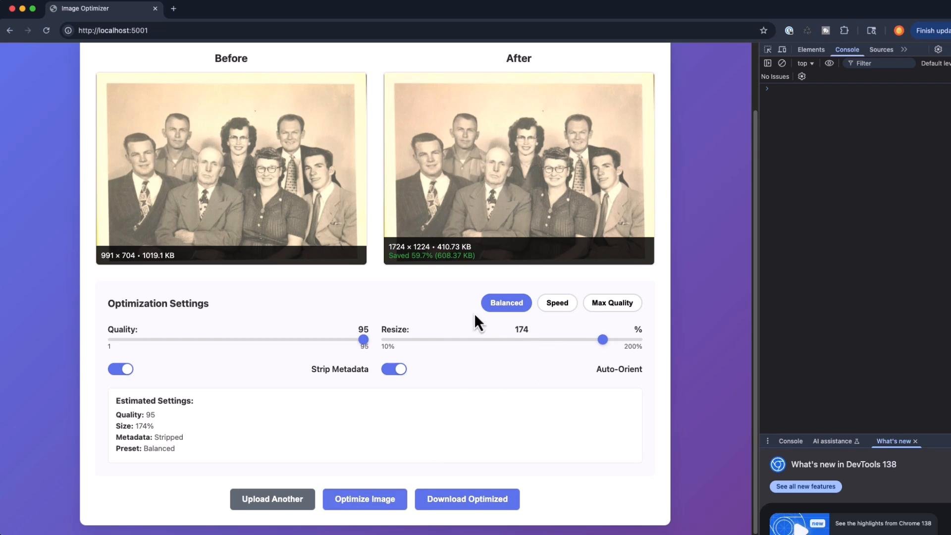 A screenshot of an image optimizer web interface showing side-by-side "Before" and "After" versions of a vintage family portrait, with sliders and settings for quality, resize, and metadata below. The right side shows a browser DevTools panel.