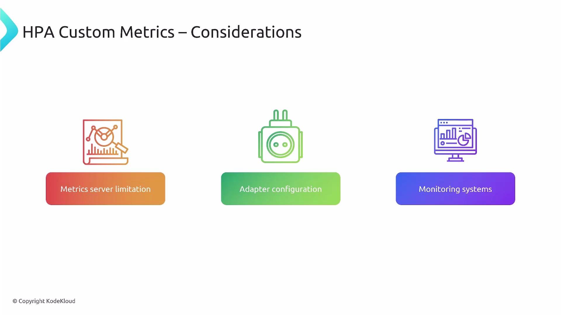 A presentation slide titled "HPA Custom Metrics – Considerations" showing three colorful icons and labels across the page: "Metrics server limitation," "Adapter configuration," and "Monitoring systems." The design uses gradient buttons and simple line-art icons under the heading.