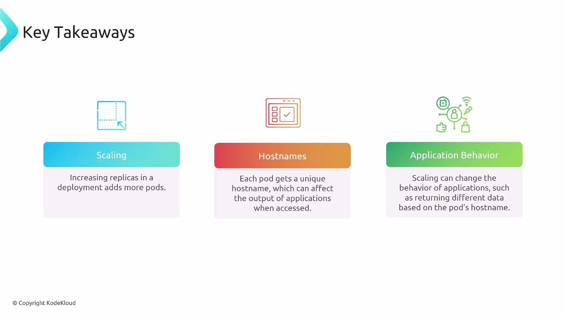 A presentation slide titled "Key Takeaways" with three colored panels—Scaling, Hostnames, and Application Behavior—each illustrated by an icon and a short note. It explains that increasing replicas adds pods, each pod gets a unique hostname, and scaling can change application behavior based on those hostnames.