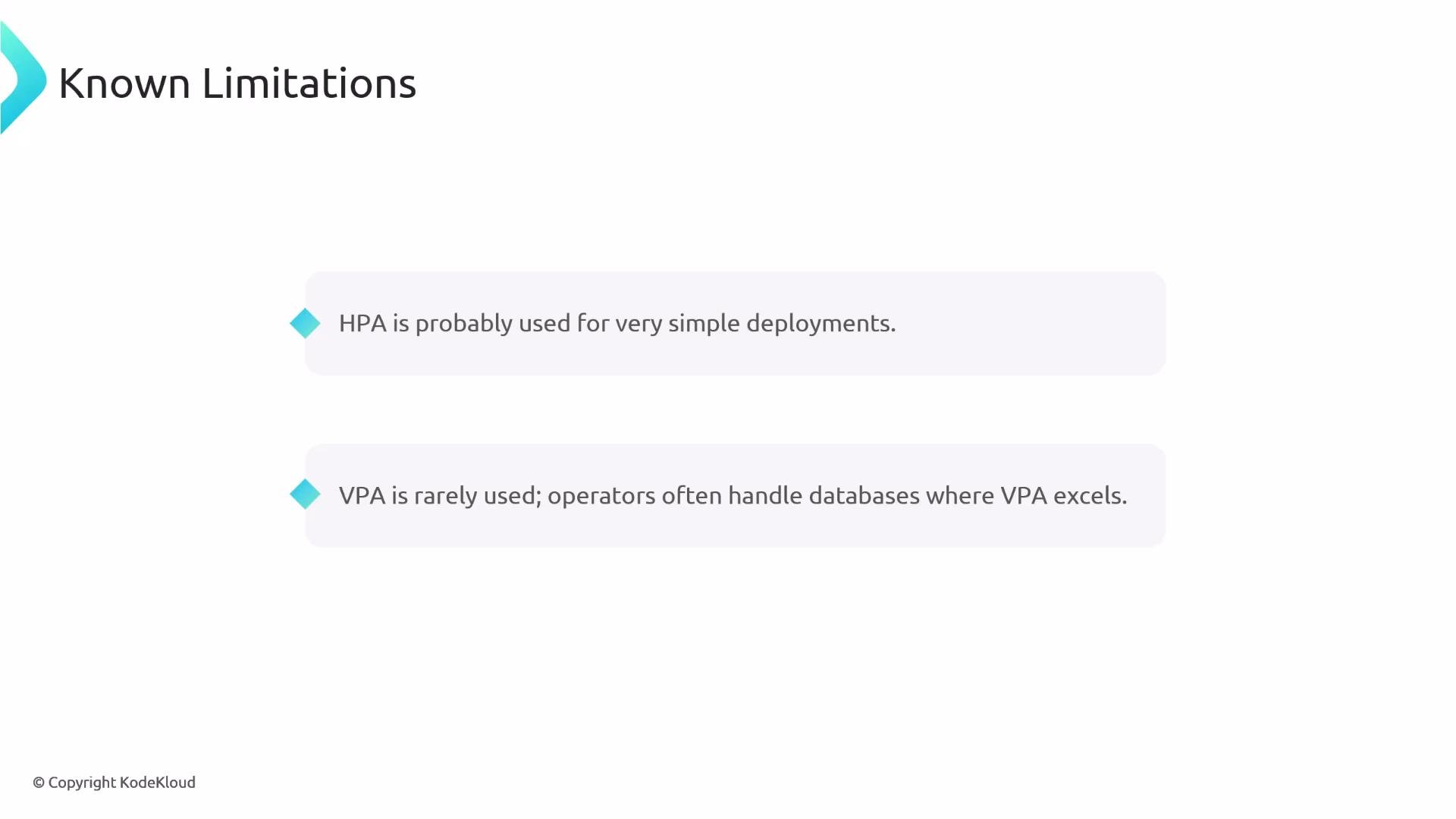 A presentation slide titled "Known Limitations" showing two points: "HPA is probably used for very simple deployments" and "VPA is rarely used; operators often handle databases where VPA excels." The slide includes a small © Copyright KodeKloud notice.