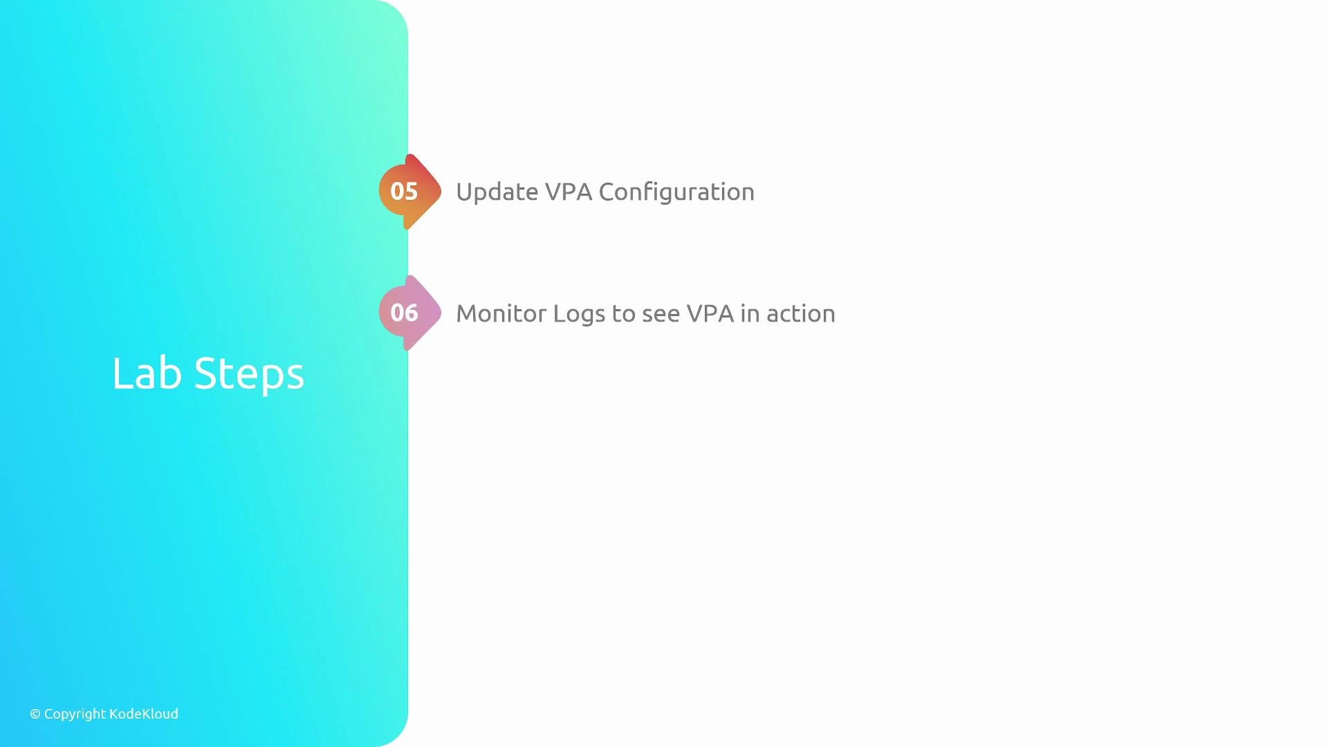 A presentation slide titled "Lab Steps" with a blue gradient panel on the left. On the right are two numbered steps: "05 Update VPA Configuration" and "06 Monitor Logs to see VPA in action."
