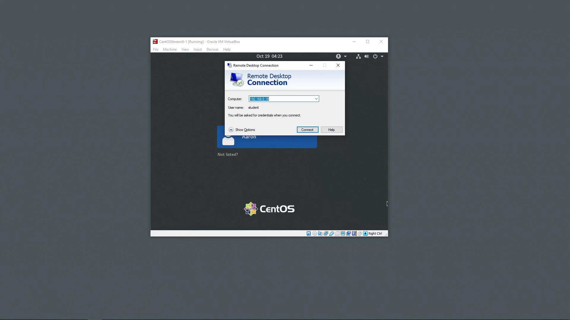 A VirtualBox window showing a CentOS login screen. A Windows Remote Desktop Connection dialog is open on top, displaying the address 192.168.0.18 and username "student."