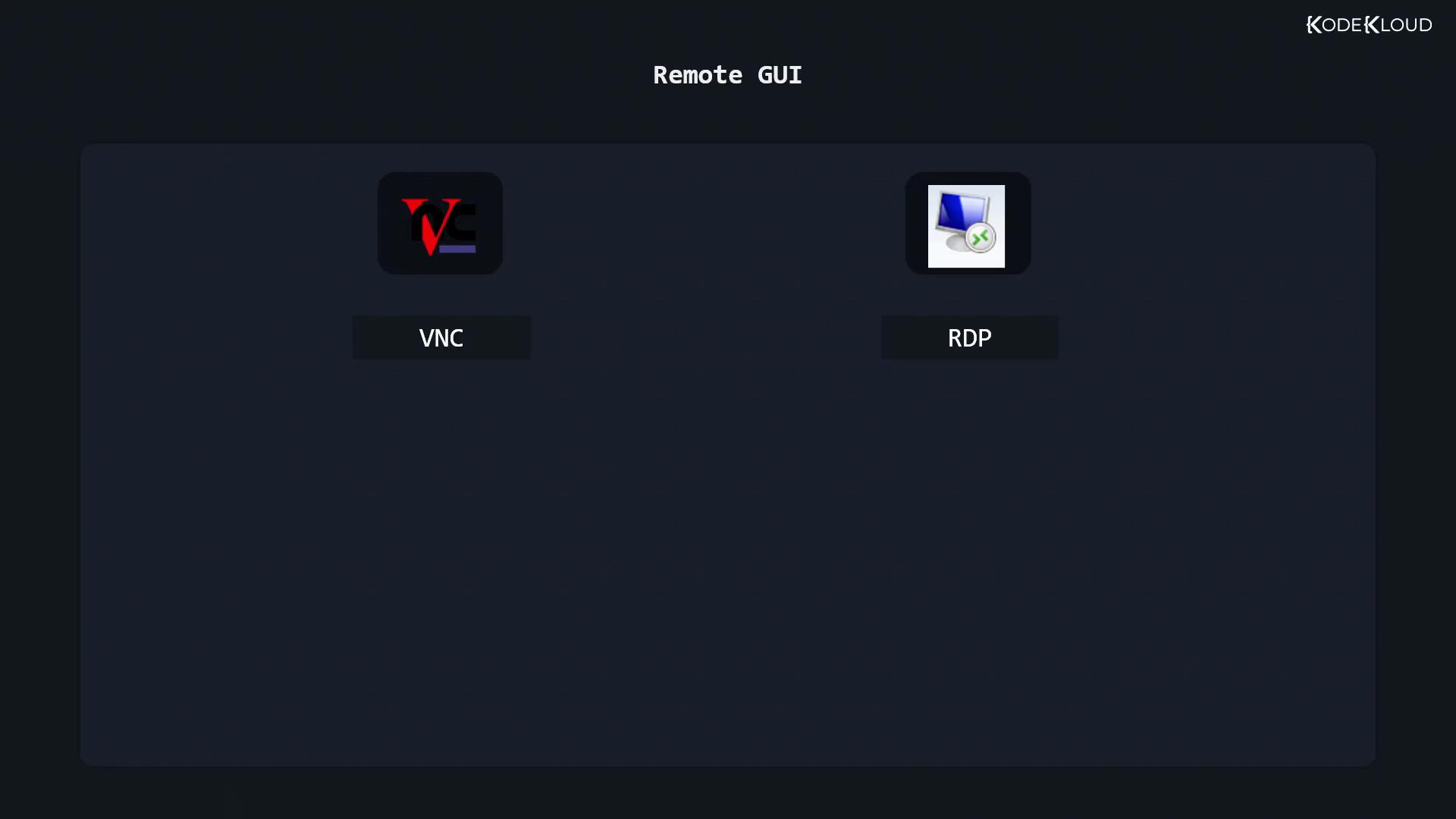 A dark-themed "Remote GUI" screen showing two connection options with icons: VNC on the left and RDP on the right. The KodeKloud logo appears in the top-right corner.