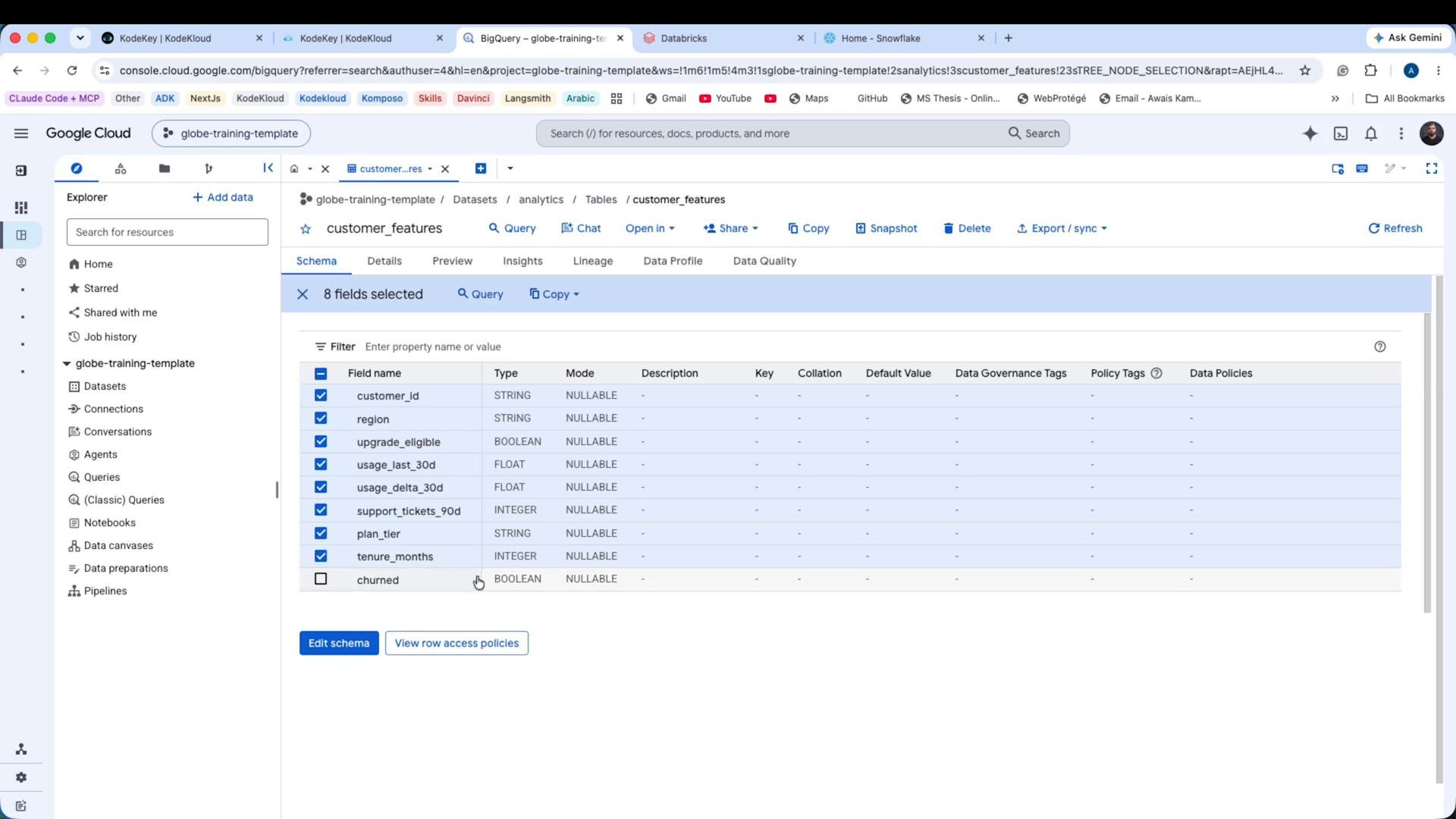 Screenshot of the Google Cloud BigQuery console showing the schema for a "customer_features" table. The table fields (customer_id, region, upgrade_eligible, usage_last_30d, usage_delta_30d, support_tickets_90d, plan_tier, tenure_months, churned) and the Explorer sidebar are visible.