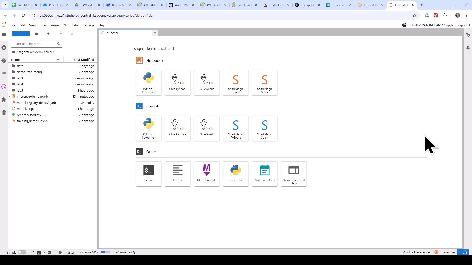 A screenshot of a JupyterLab / SageMaker notebook interface with a file browser on the left listing a "sagemaker-demystified" project and several notebooks and files. The main pane shows a Launcher with tiles for Python 3, Glue PySpark, SparkMagic kernels, consoles, and other items like Terminal, Text File, and Markdown File.