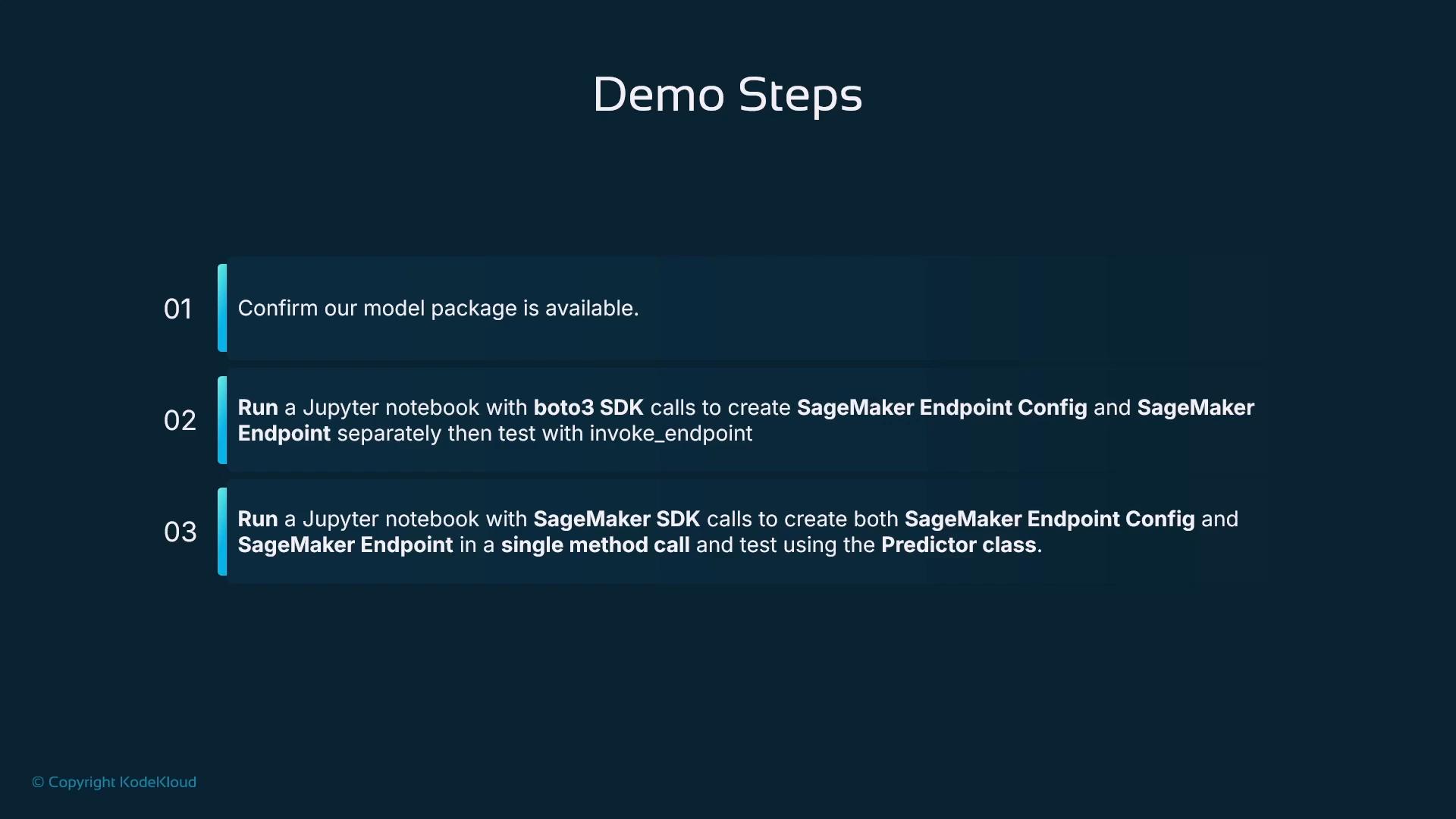 A dark-blue presentation slide titled "Demo Steps" listing three numbered steps. The steps instruct confirming a model package is available, running a Jupyter notebook with boto3 to create and test SageMaker endpoint/config, and running a notebook with the SageMaker SDK to create and test the endpoint using the Predictor class.
