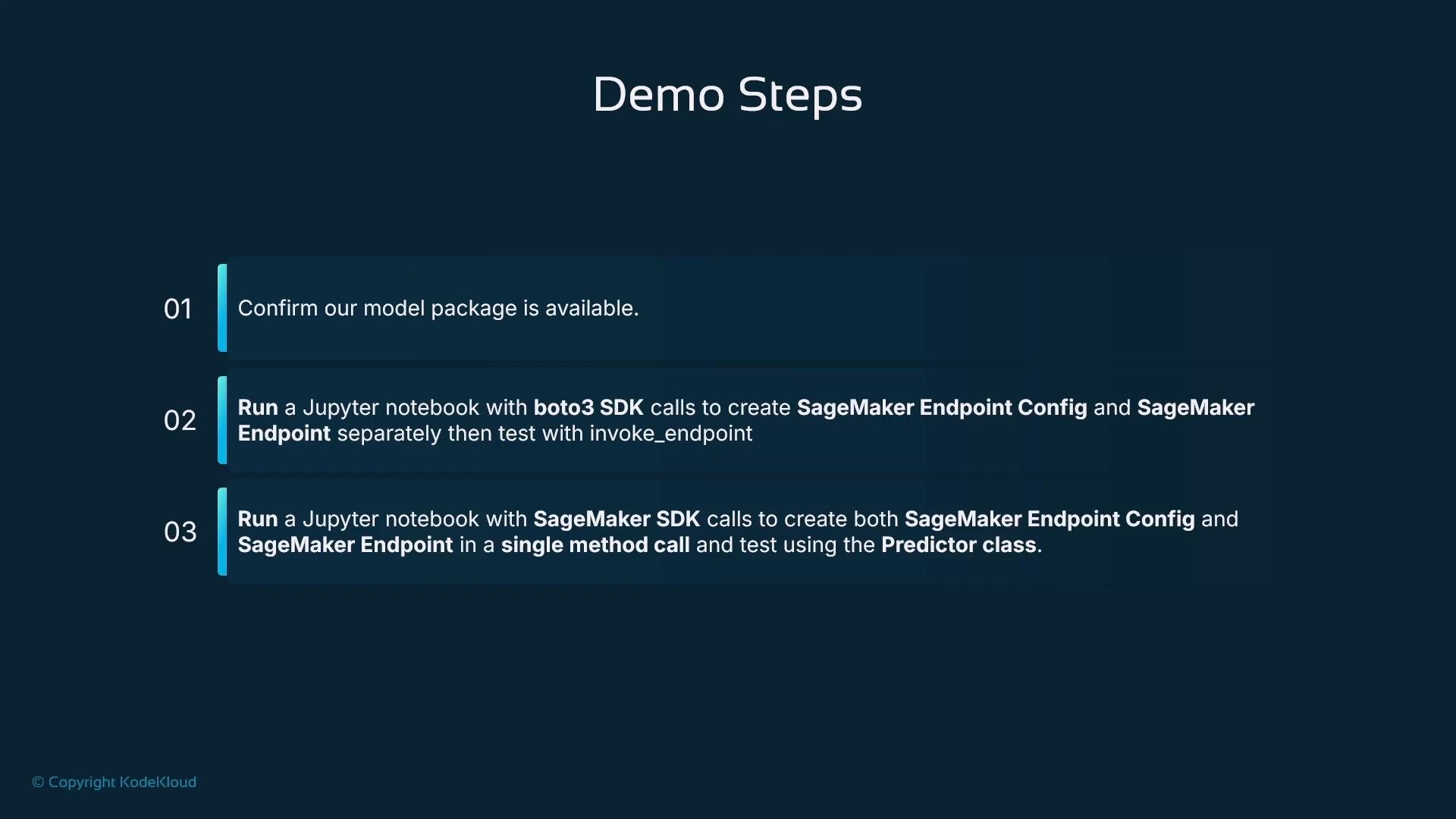 A dark-blue presentation slide titled "Demo Steps" listing three numbered steps. The steps instruct confirming a model package is available, running a Jupyter notebook with boto3 to create and test SageMaker endpoint/config, and running a notebook with the SageMaker SDK to create and test the endpoint using the Predictor class.