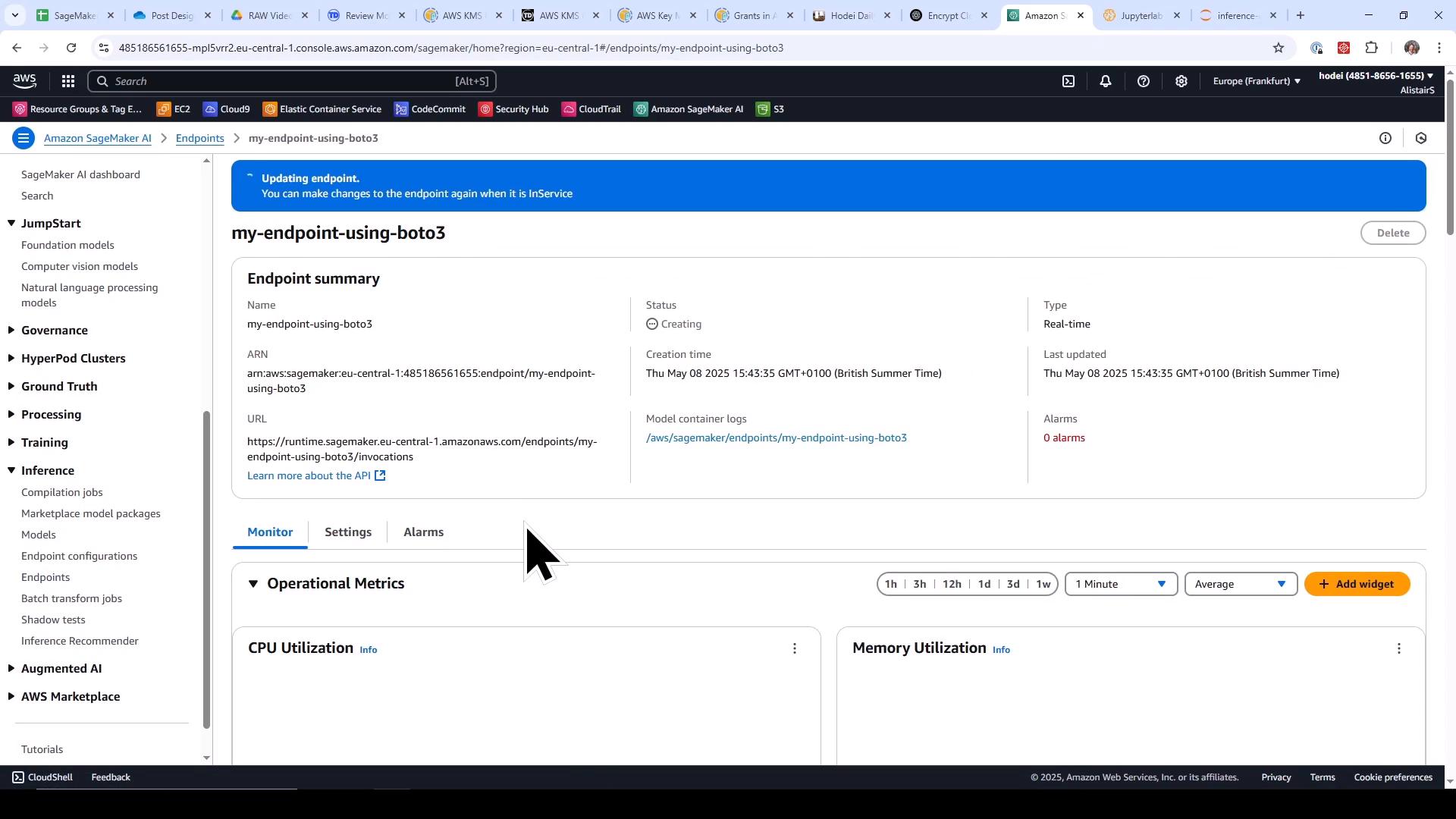 A screenshot of the Amazon SageMaker console showing an endpoint named "my-endpoint-using-boto3" with status "Creating," plus its ARN/URL and endpoint summary. The page also shows monitoring tabs and operational metrics panels (CPU/Memory).
