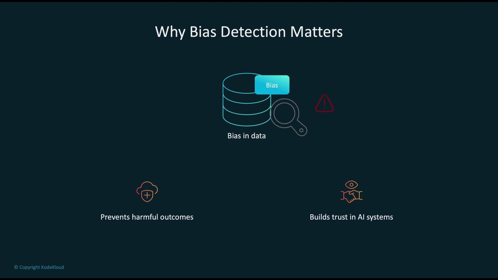 The image explains why bias detection matters, highlighting the importance of identifying bias in data to prevent harmful outcomes and build trust in AI systems.