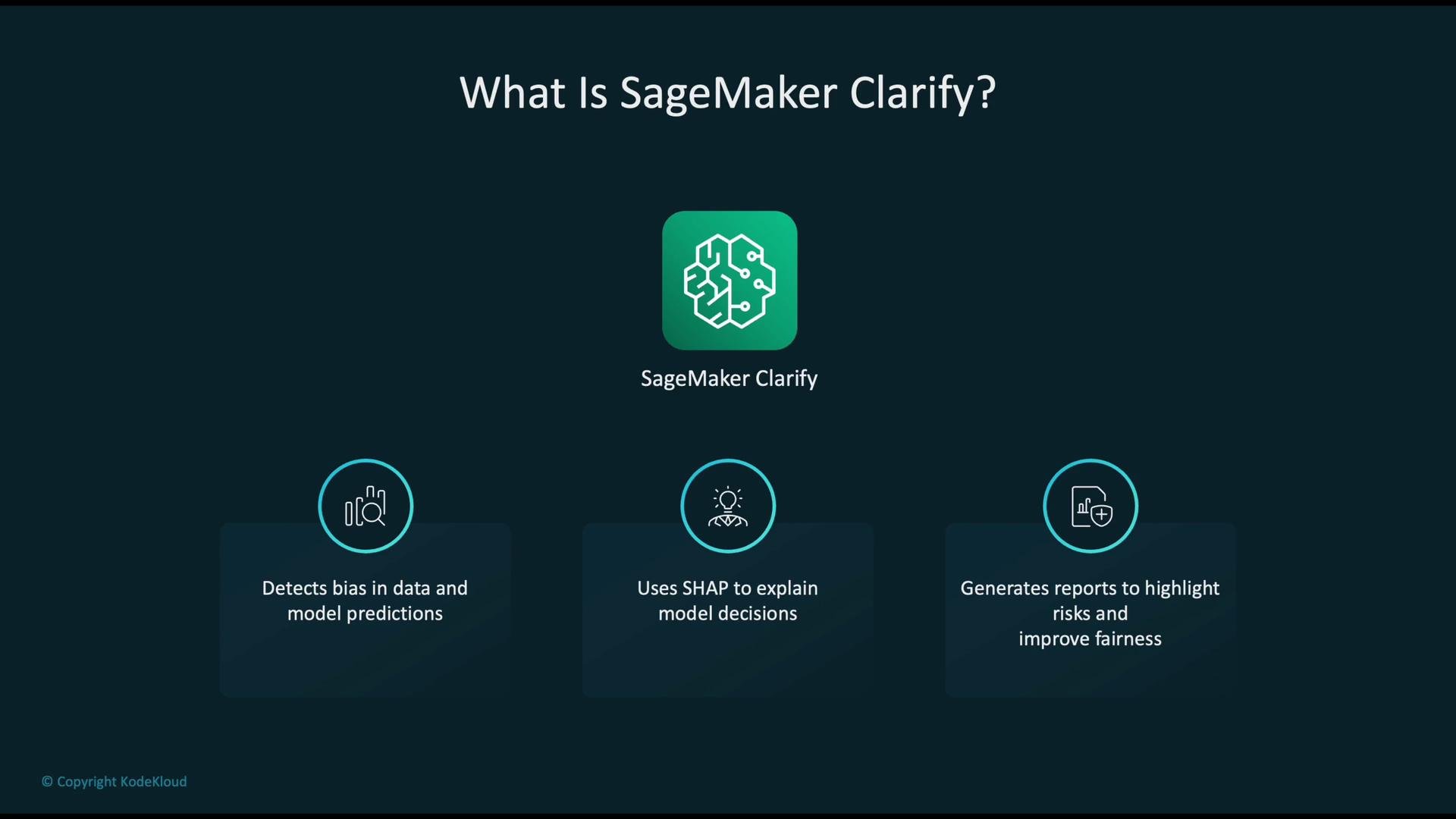 The image describes SageMaker Clarify, highlighting its ability to detect bias in data and model predictions, use SHAP to explain model decisions, and generate reports to improve fairness.