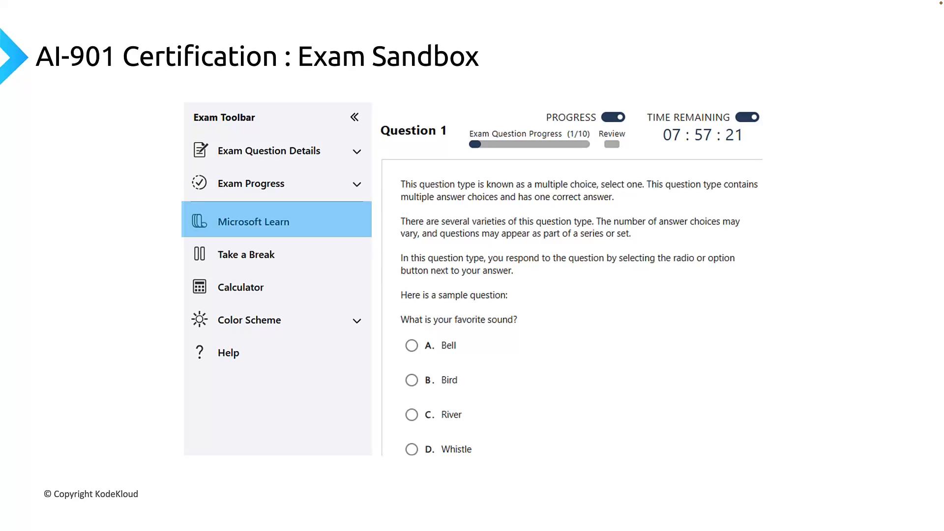 A screenshot of an AI-901 certification exam sandbox showing an exam toolbar on the left and a multiple-choice question interface on the right. The top shows an exam progress bar and a time-remaining clock (07:57:21), and the sample question lists options like Bell, Bird, River, and Whistle.