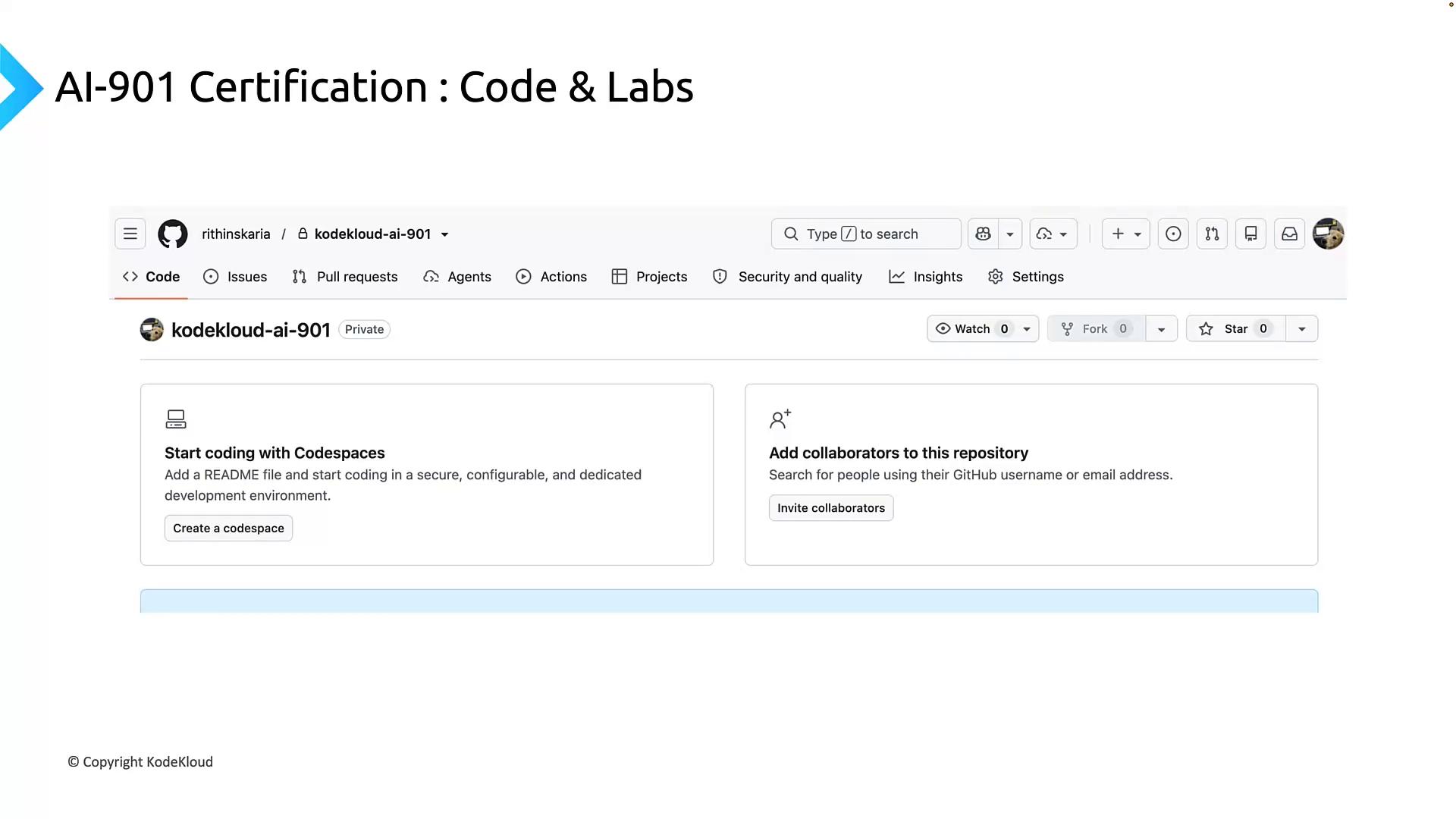 A screenshot of a GitHub repository page for "kodekloud-ai-901" with the slide title "AI-901 Certification: Code & Labs" at the top. The page shows prompts to start coding with Codespaces and to add collaborators to the repository.