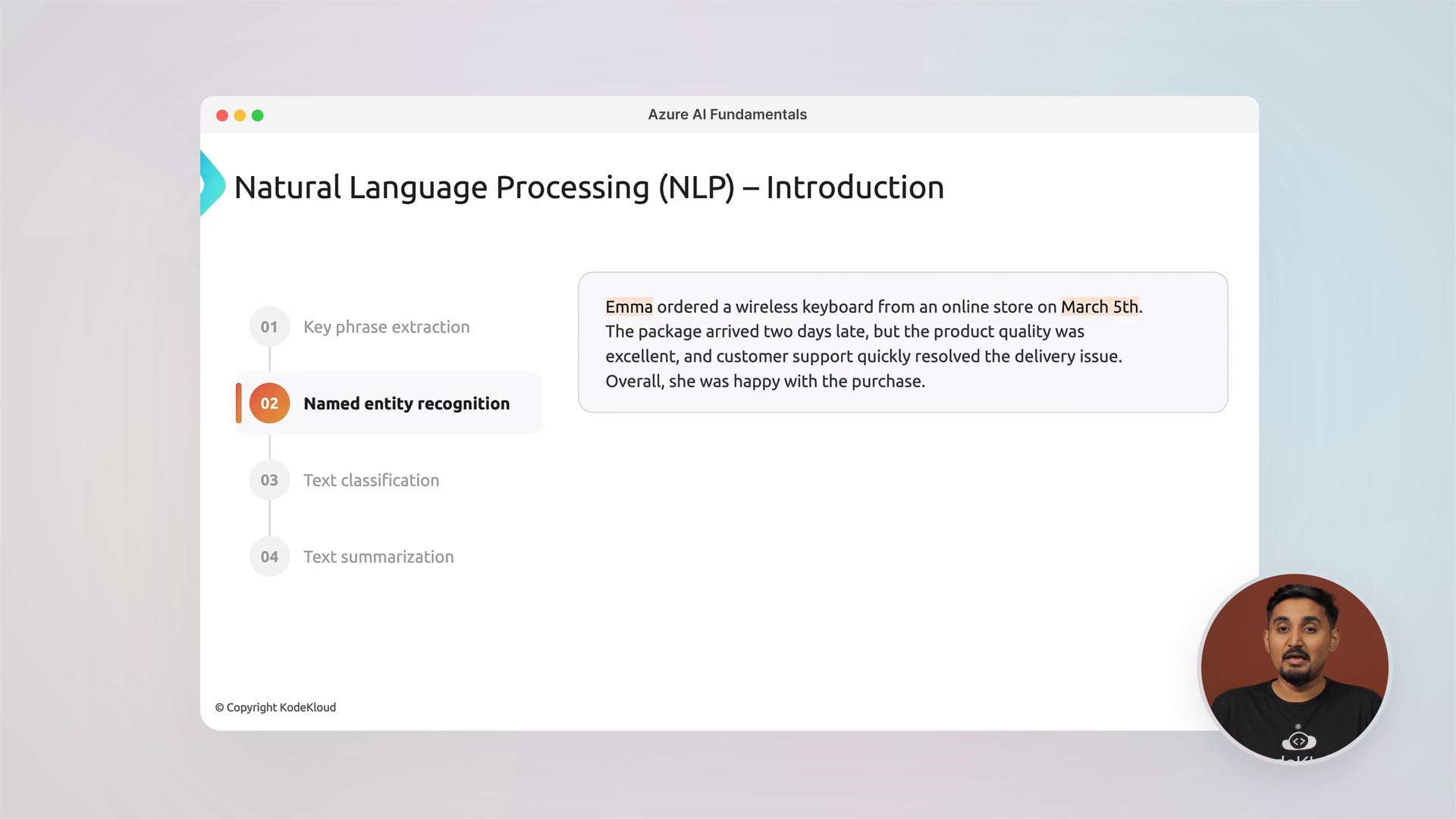 A presentation slide titled "Natural Language Processing (NLP) – Introduction" highlighting "Named entity recognition" with an example sentence about Emma ordering a wireless keyboard on March 5th. A presenter’s video thumbnail appears in the lower-right corner.