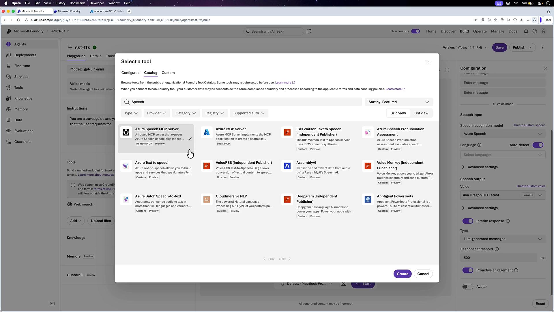 A screenshot of the Microsoft/Azure Foundry web UI showing a "Select a tool" catalog modal with various speech tools (Azure Speech MCP Server, Azure Text to Speech, IBM Watson, etc.). The background shows the agent configuration and sidebar navigation for Agents, Deployments, Tools, Knowledge, and other settings.
