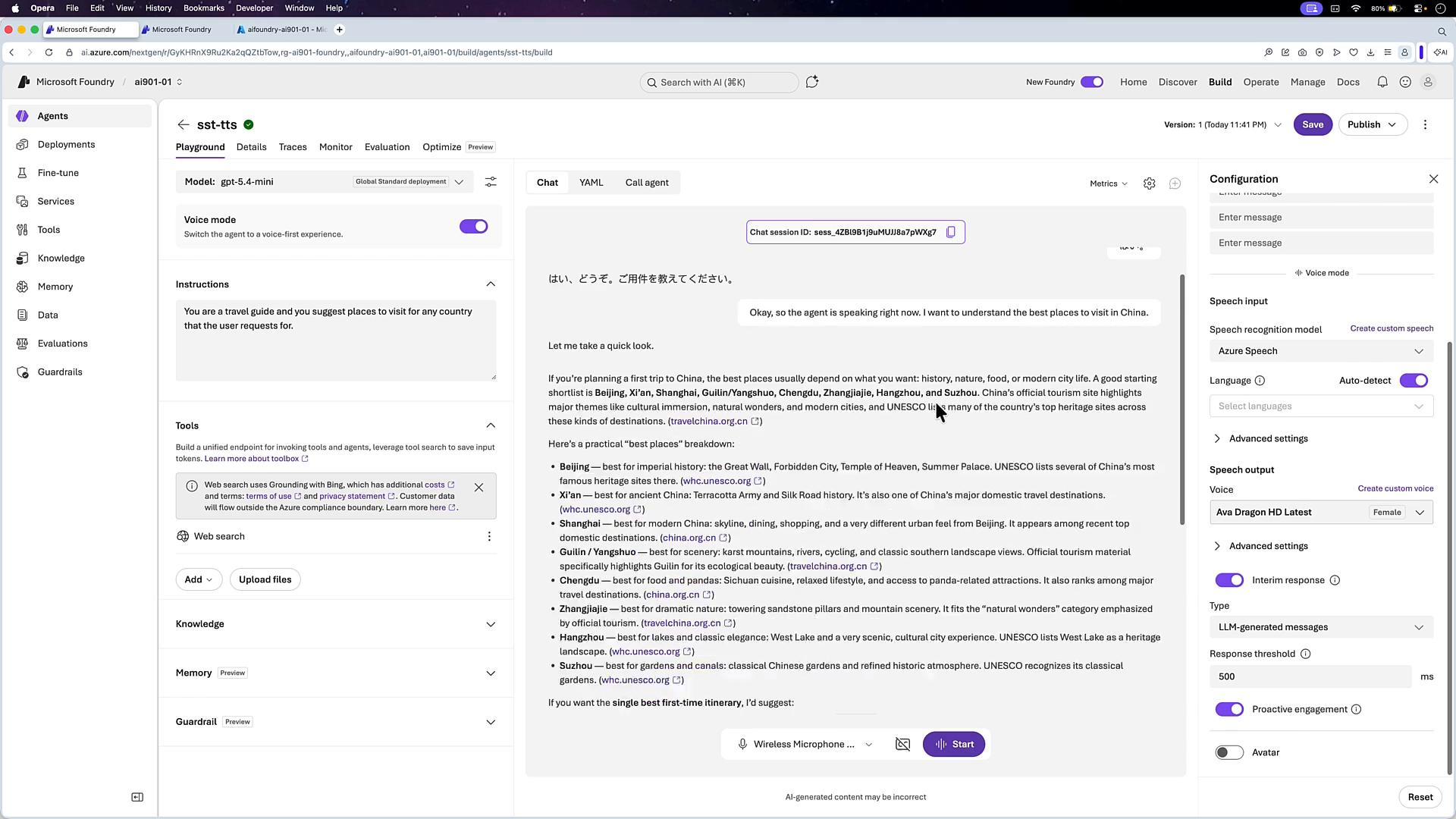 A screenshot of the Microsoft Foundry/Azure AI Agents playground showing an "sst-tts" chat session with travel recommendations for China. The UI also displays model and voice-mode settings, a speech input/output configuration panel, and left-side navigation for agents and tools.