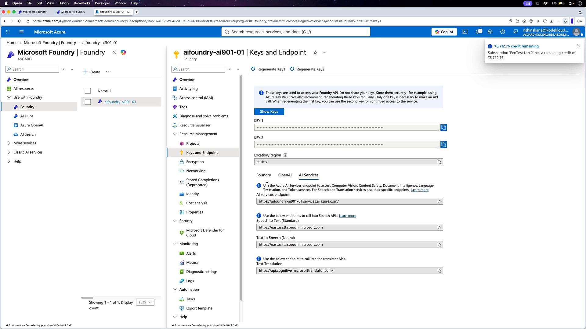 A screenshot of the Microsoft Azure portal open to a Foundry resource’s "Keys and Endpoint" page, showing masked API keys, service endpoints, and region settings. The left navigation pane lists Azure services and resource management options.