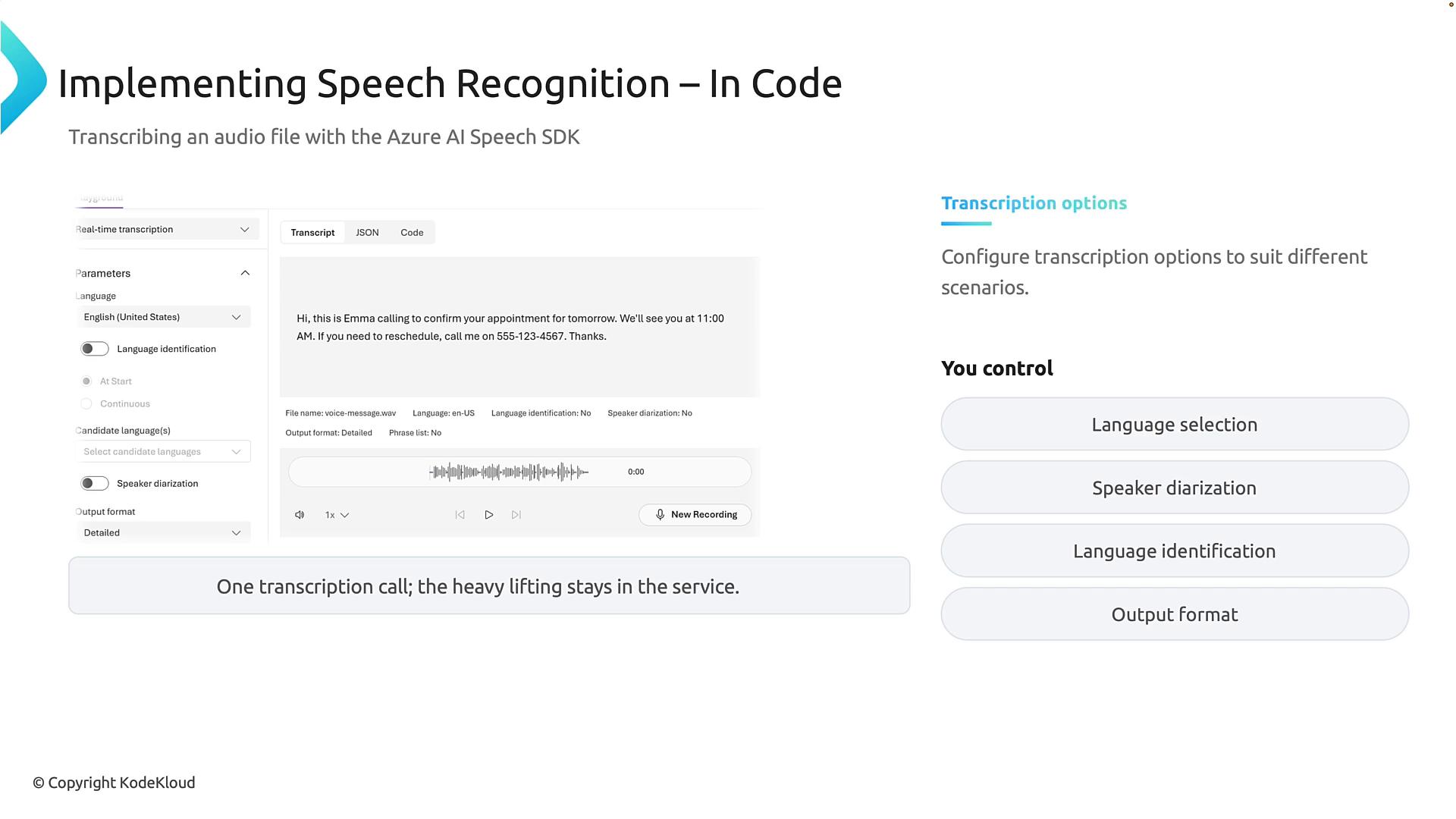 A presentation slide titled "Implementing Speech Recognition – In Code" showing an Azure AI Speech SDK transcription UI with a sample transcript, playback waveform, and parameter controls. The right side lists transcription options like language selection, speaker diarization, language identification, and output format.