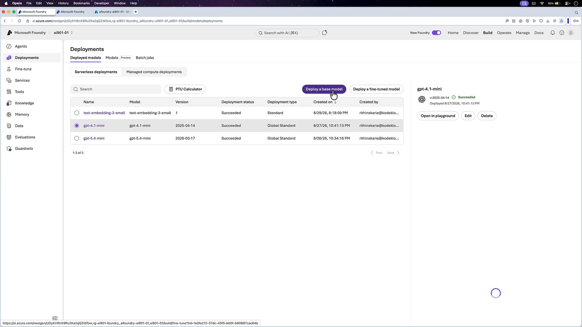 A screenshot of the Microsoft Foundry / Azure AI "Deployments" dashboard listing deployed models (text-embedding-3-small, gpt-4.1-mini, gpt-5.4-mini). The gpt-4.1-mini row is selected, showing its details and action buttons (Open in playground, Edit, Delete) and options to deploy new models.