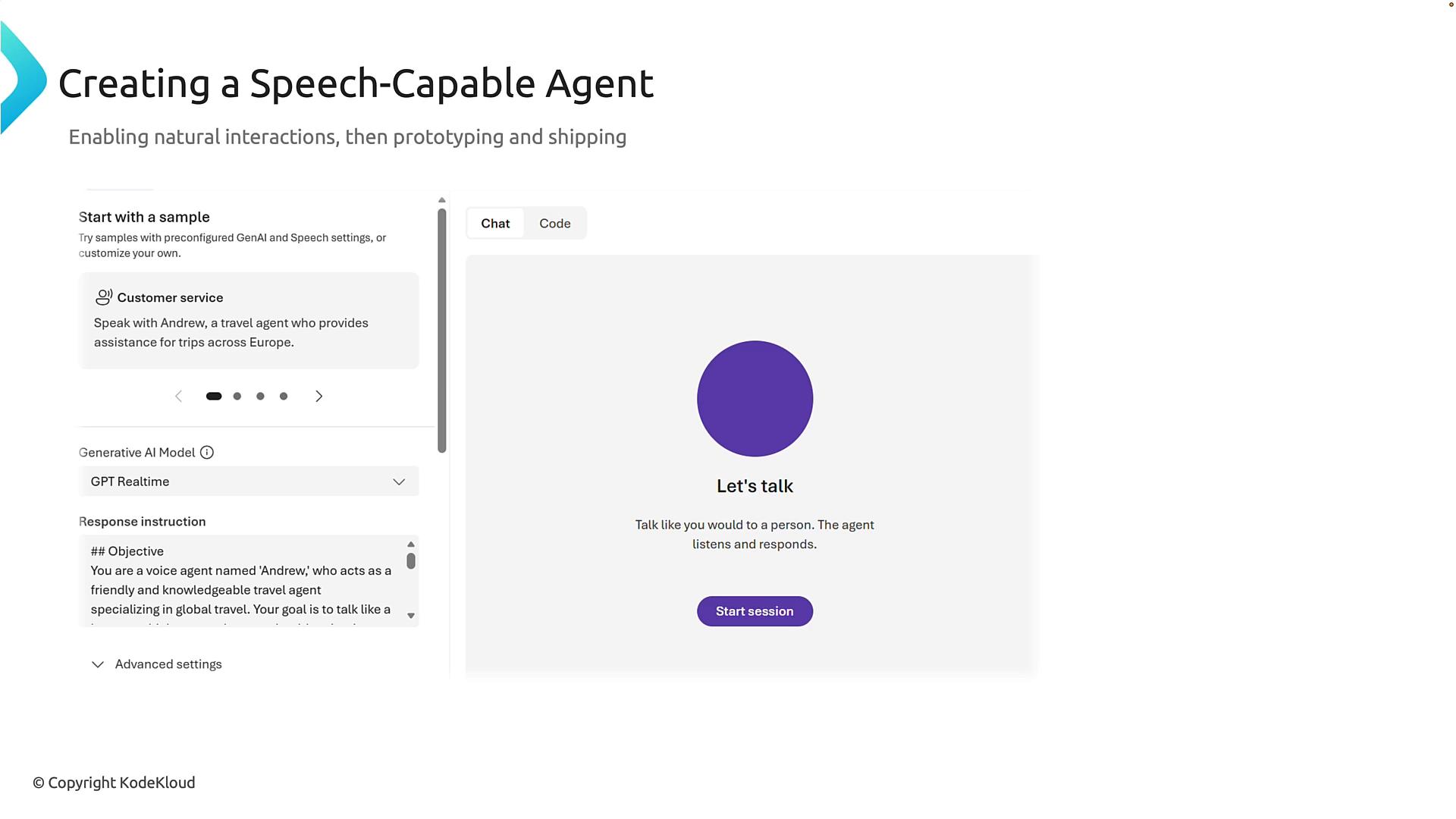 A webpage UI titled "Creating a Speech‑Capable Agent" showing sample settings on the left (e.g., Customer service, GPT Realtime) and a large central panel with a purple circle, the text "Let's talk," and a "Start session" button.