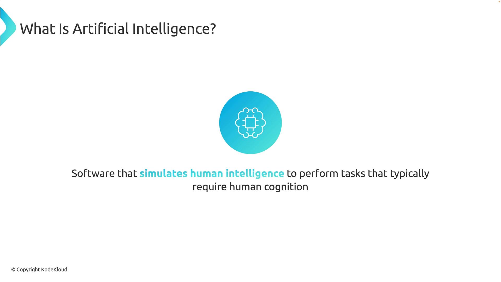 A presentation slide titled "What Is Artificial Intelligence?" showing a blue brain-chip icon and the definition: "Software that simulates human intelligence to perform tasks that typically require human cognition."