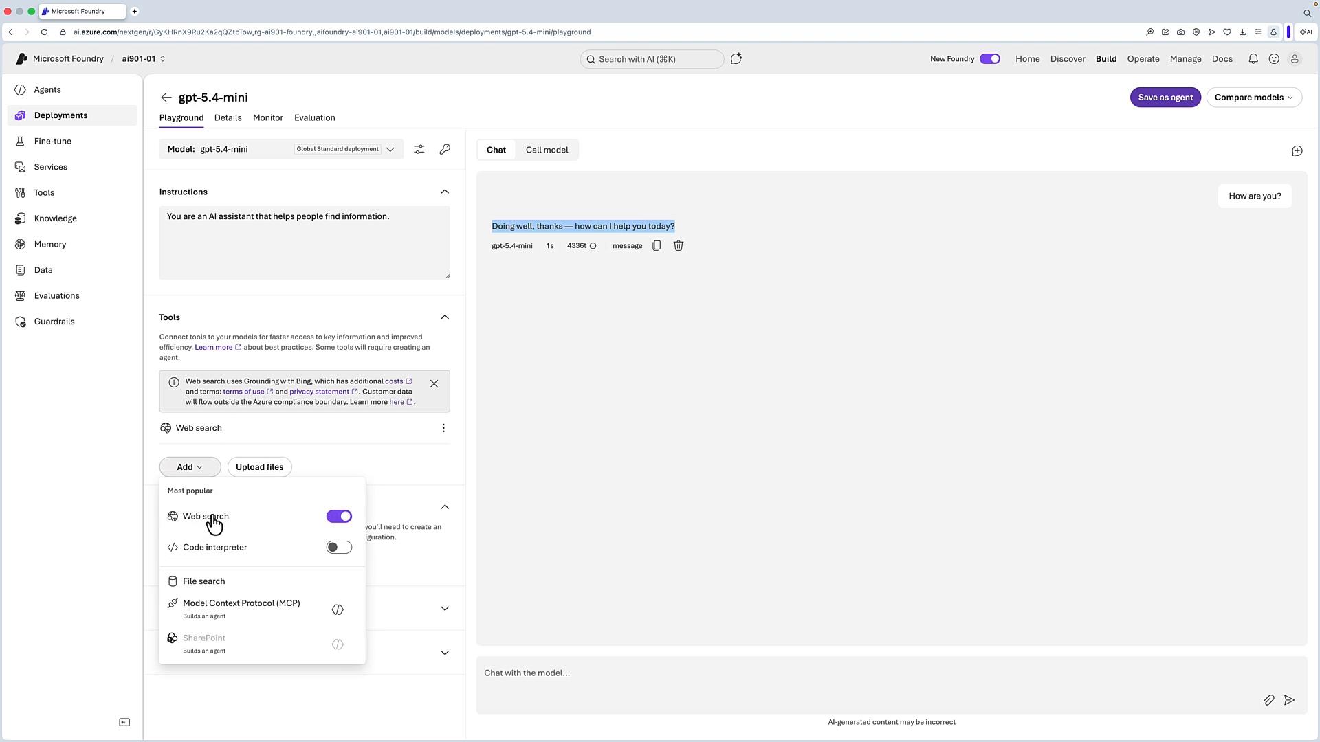 Screenshot of the Microsoft Foundry/Azure AI playground showing the gpt-5.4-mini model page with a left navigation (Agents, Deployments, Tools) and a Tools panel where Web search is enabled. The right pane shows a chat interface with the user prompt "How are you?" and the model reply "Doing well, thanks — how can I help you today?"