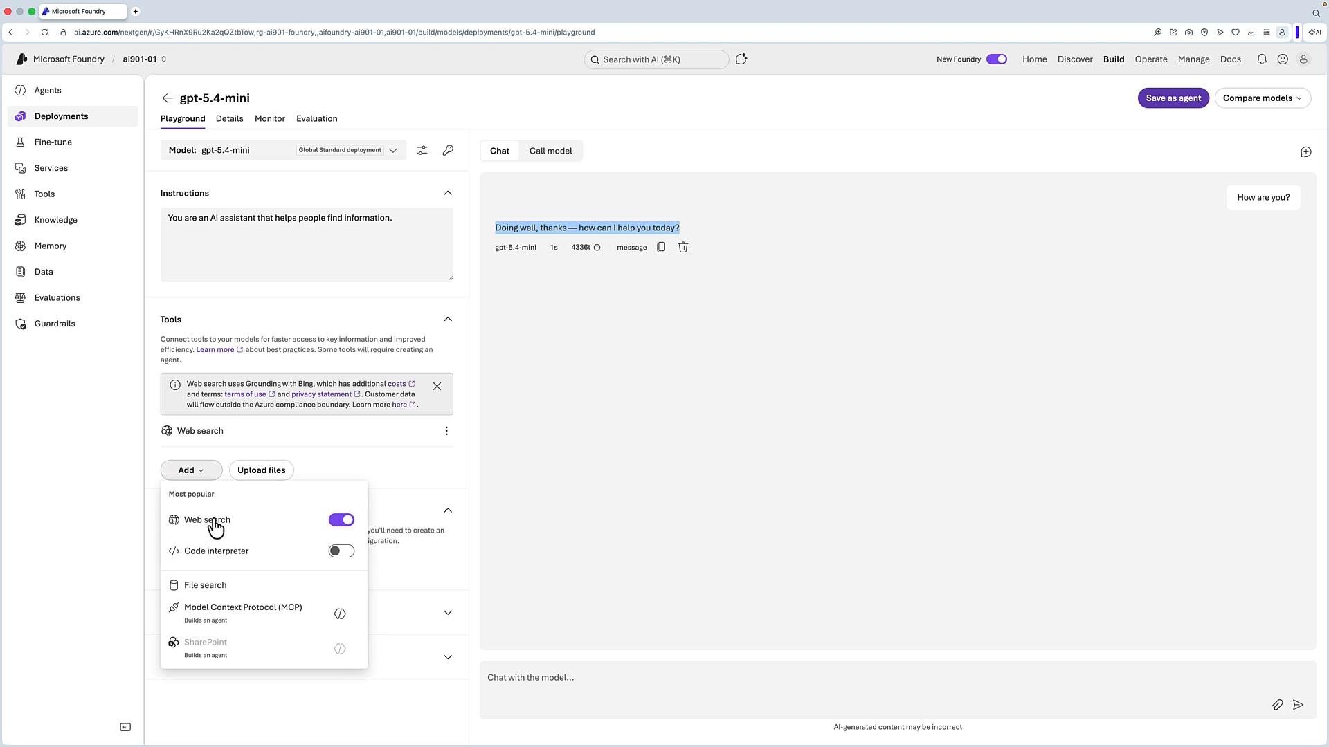 Screenshot of the Microsoft Foundry/Azure AI playground showing the gpt-5.4-mini model page with a left navigation (Agents, Deployments, Tools) and a Tools panel where Web search is enabled. The right pane shows a chat interface with the user prompt "How are you?" and the model reply "Doing well, thanks — how can I help you today?"
