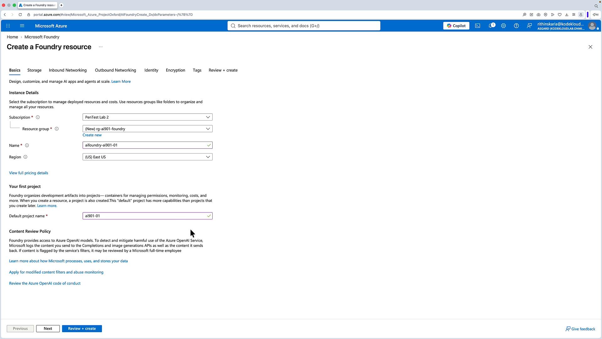 A screenshot of the Microsoft Azure portal displaying the "Create a Foundry resource" form with instance details like subscription, resource group, name, region, and default project name. Navigation tabs (Basics, Storage, Networking, etc.) and action buttons including "Review + create" are visible.