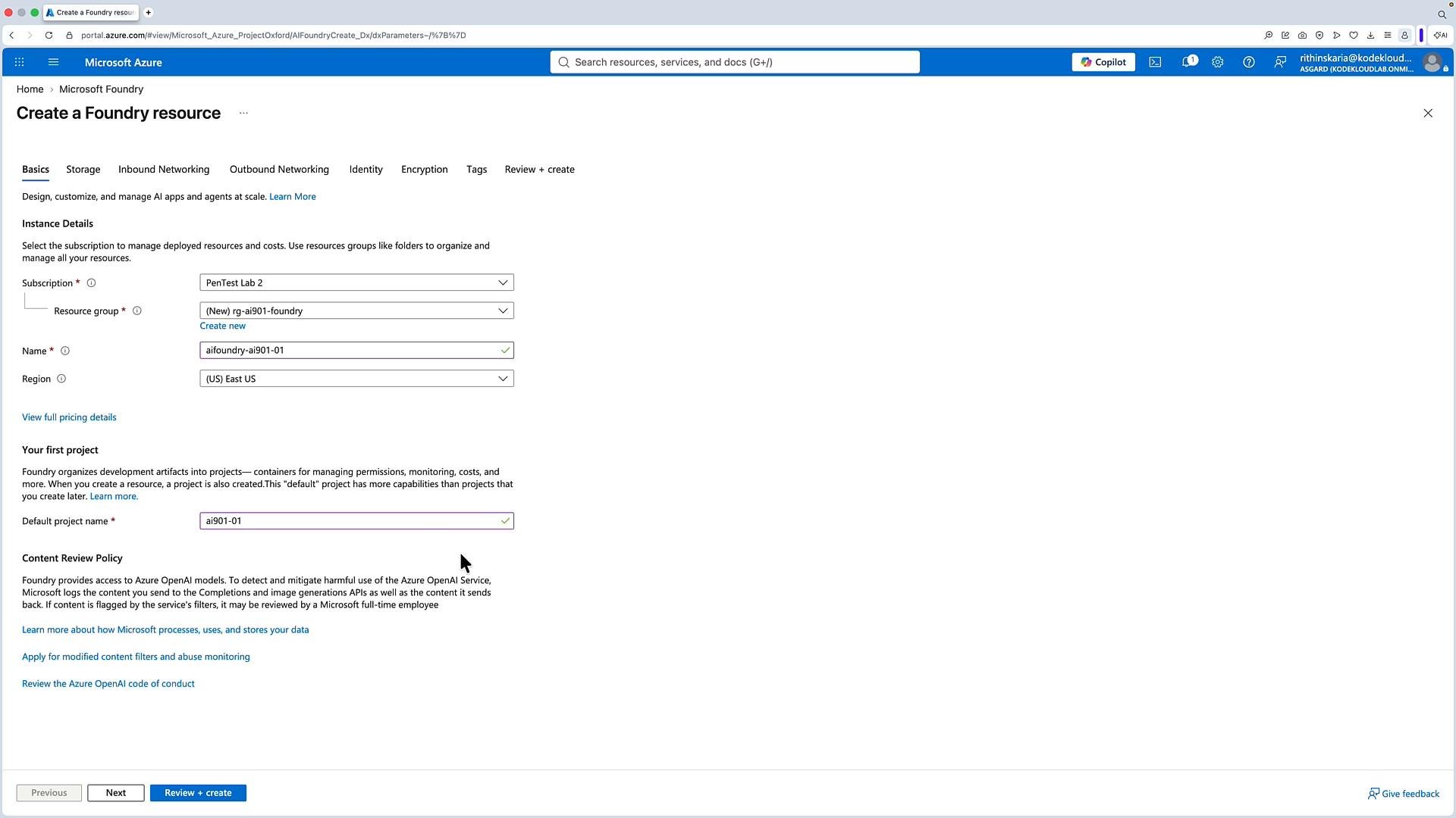 A screenshot of the Microsoft Azure portal displaying the "Create a Foundry resource" form with instance details like subscription, resource group, name, region, and default project name. Navigation tabs (Basics, Storage, Networking, etc.) and action buttons including "Review + create" are visible.