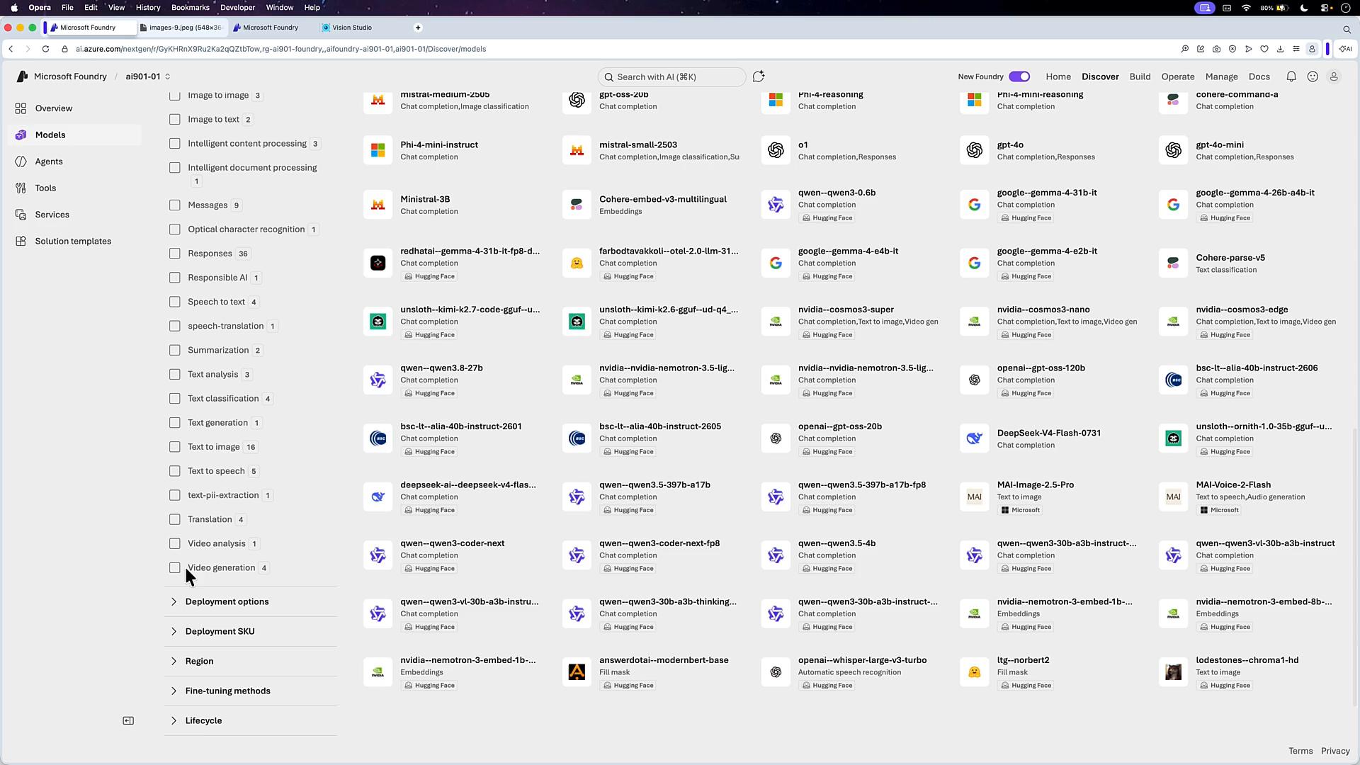 A screenshot of a web dashboard (Microsoft Foundry / Azure AI) showing a grid of available AI model tiles and providers. A left sidebar shows filters and deployment options.