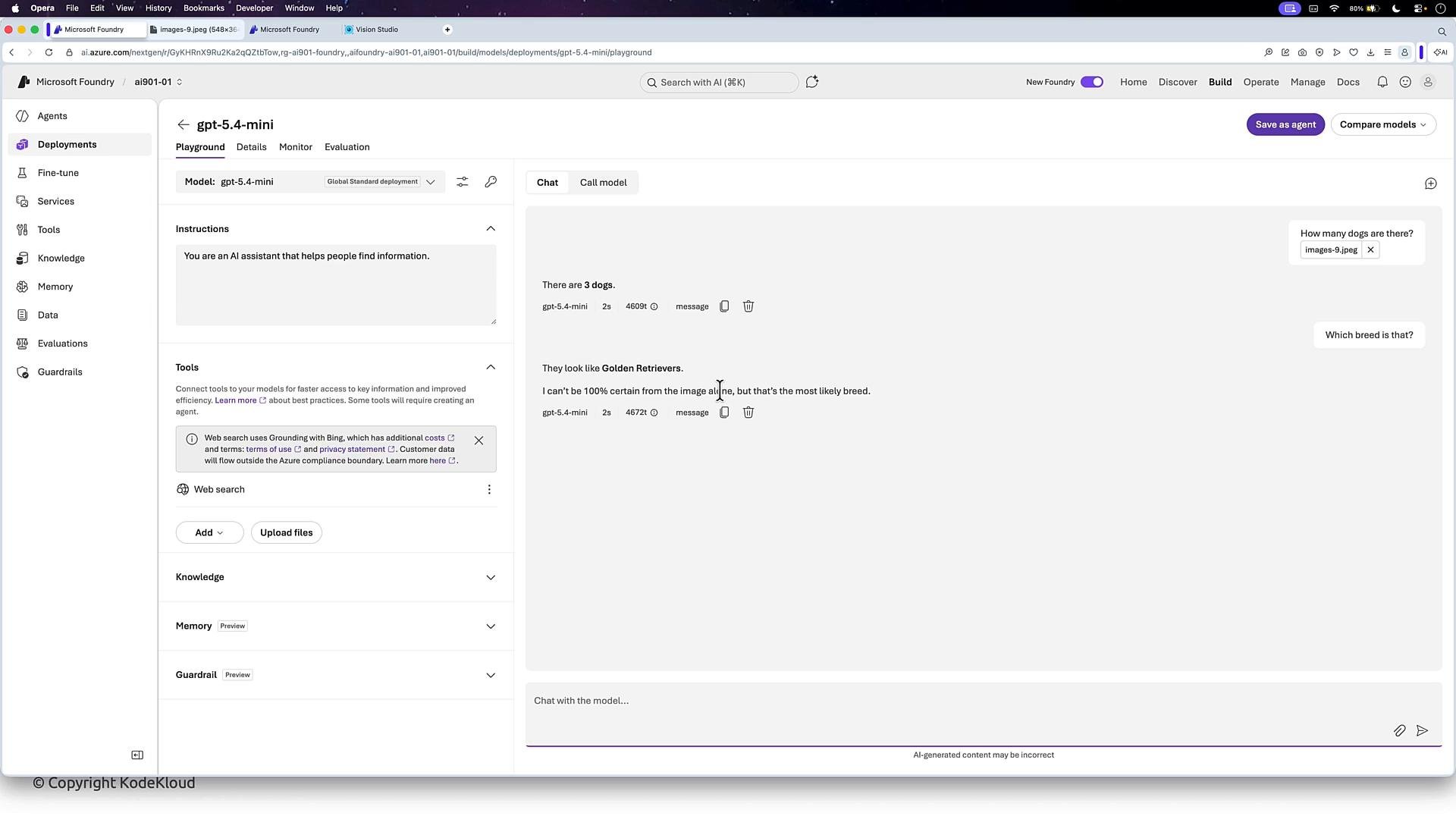 A screenshot of the Microsoft Foundry/Azure AI "gpt-5.4-mini" playground and deployments interface. The chat panel shows the model replying that the attached image contains three dogs, likely Golden Retrievers.