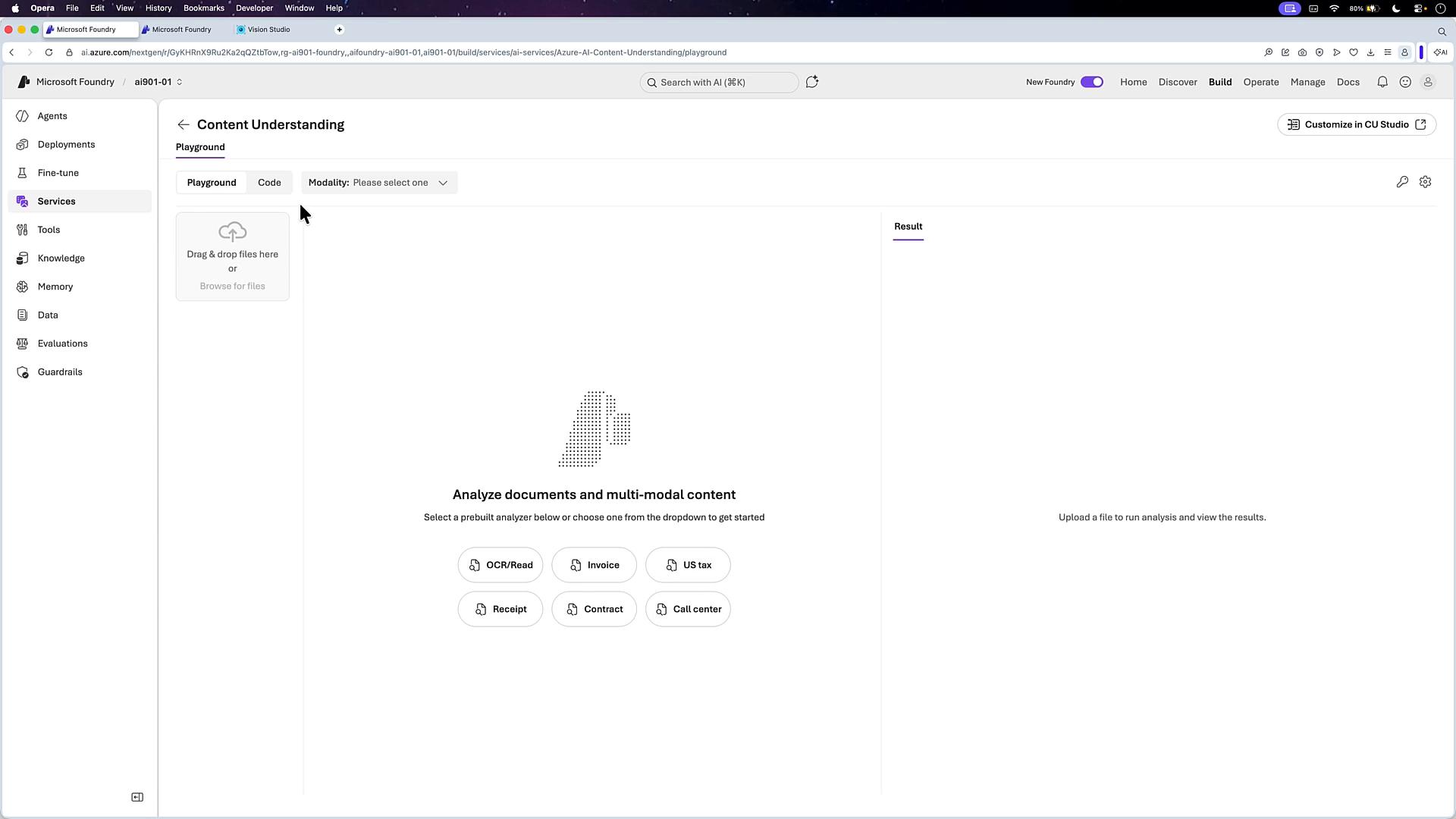 A screenshot of the Microsoft Foundry "Content Understanding" web playground showing a drag-and-drop area and a list of prebuilt analyzers (OCR/Read, Invoice, Receipt, Contract, etc.). The left sidebar shows navigation items like Agents, Deployments, Services, and Tools.