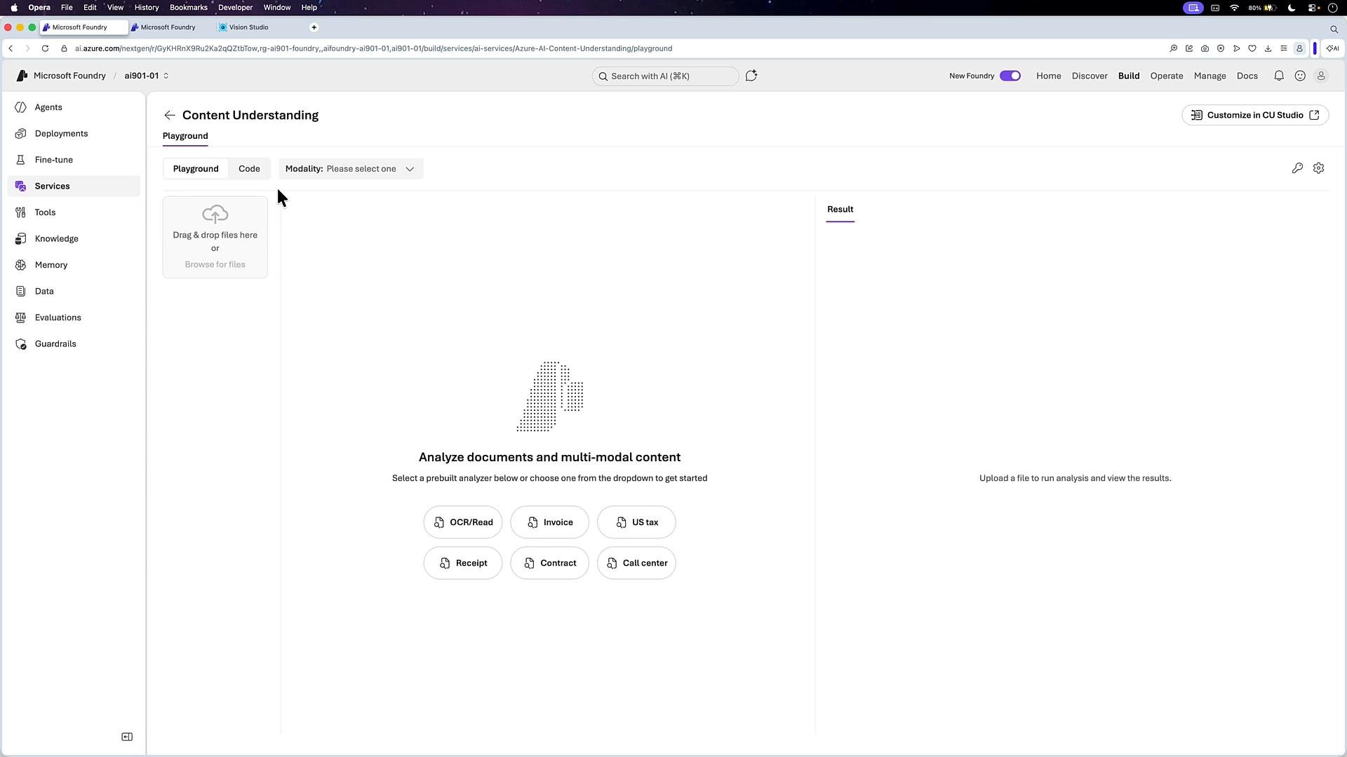 A screenshot of the Microsoft Foundry "Content Understanding" web playground showing a drag-and-drop area and a list of prebuilt analyzers (OCR/Read, Invoice, Receipt, Contract, etc.). The left sidebar shows navigation items like Agents, Deployments, Services, and Tools.
