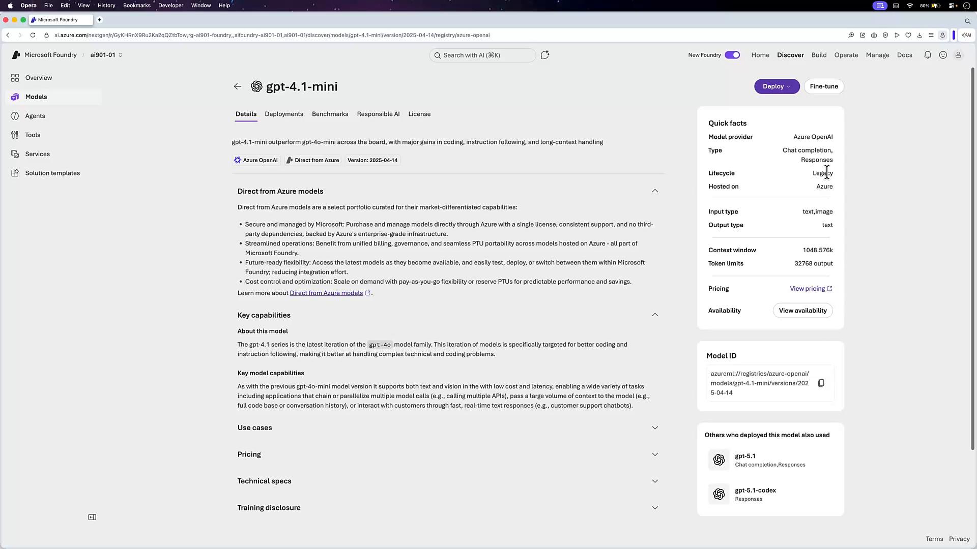 A screenshot of the Microsoft Foundry/Azure web interface showing the gpt-4.1-mini model details page, including overview text and key capabilities on the left and a "Quick facts" panel with model specs on the right. The browser window shows menus and a sidebar with navigation items like Models, Agents, Tools, and Services.