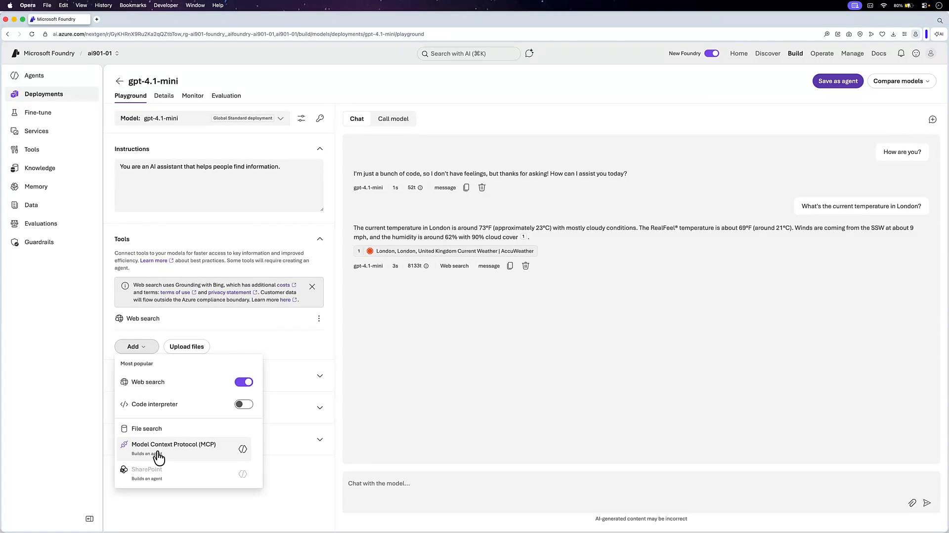 A screenshot of the Microsoft Foundry/Azure AI "Playground" interface showing a gpt-4.1-mini deployment with the chat window on the right. The left pane shows tools and settings (web search, code interpreter, Model Context Protocol) and a small conversation asking about London's temperature.